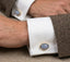 VARNIKA ARORA chalcedony cufflinks with silver-tone setting, showcasing polished blue gemstone jewelry for men.