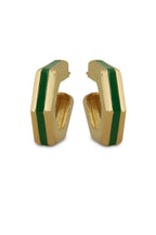Varnika Arora Helixa green enamel gold hoop earrings shown in a close-up image with shiny finish and intricate design.