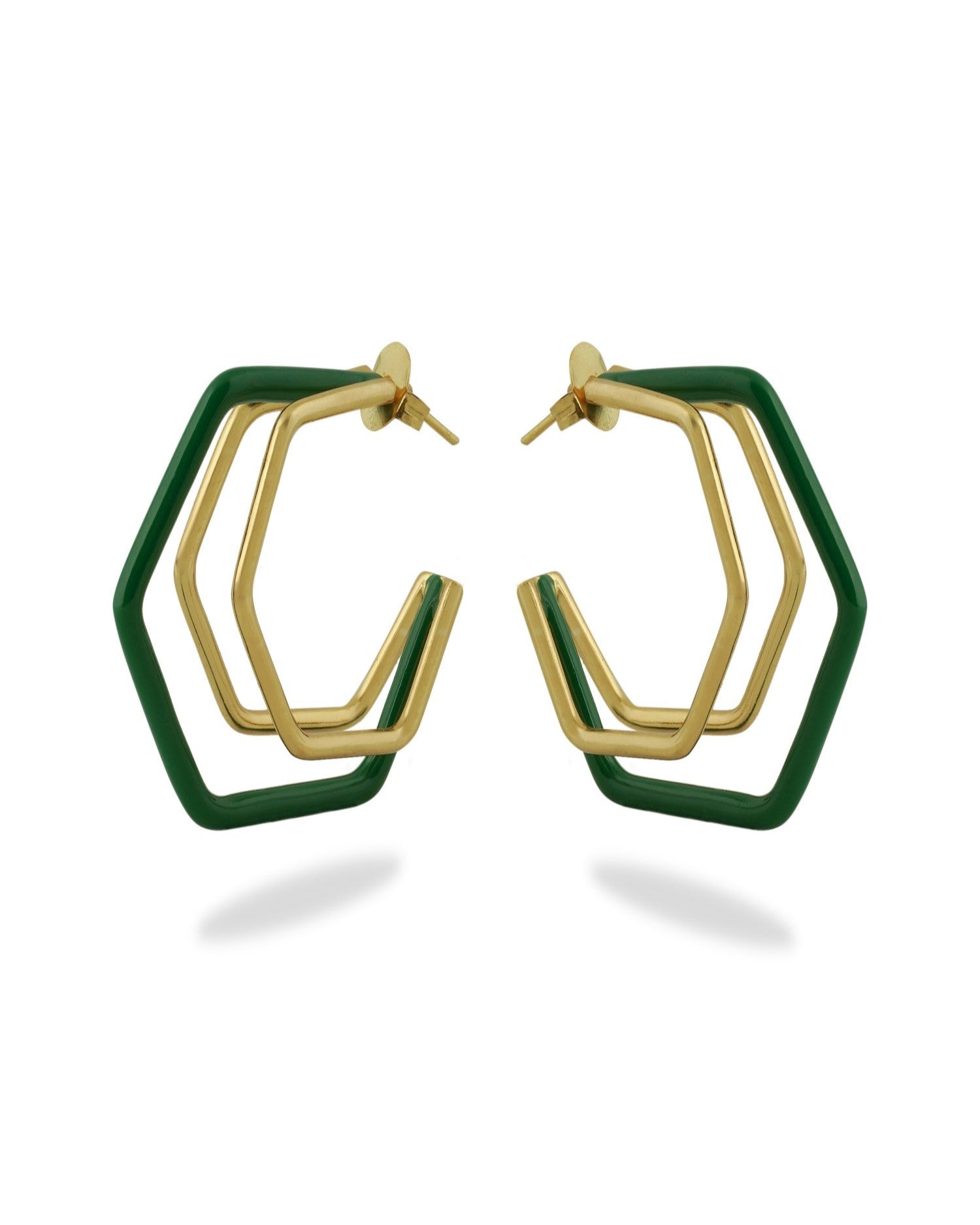 Small green enamel gold hoop earrings by Varnika Arora, featuring a trio of stylish, dainty hoops with vibrant green enamel accents. Main image
