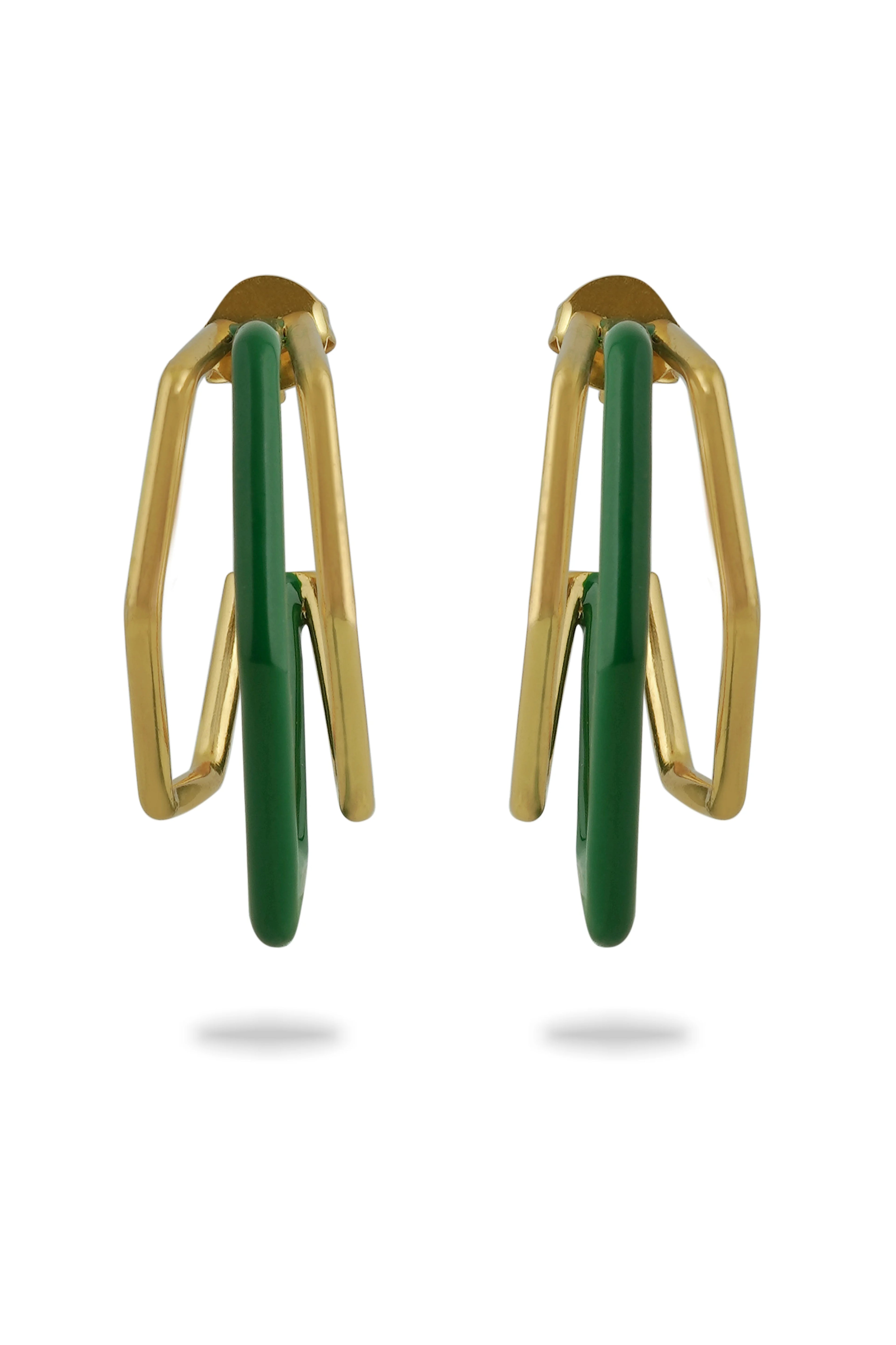 Small trio green enamel gold hoops by Varnika Arora, featuring three delicate hoop earrings with green enamel and gold finish.