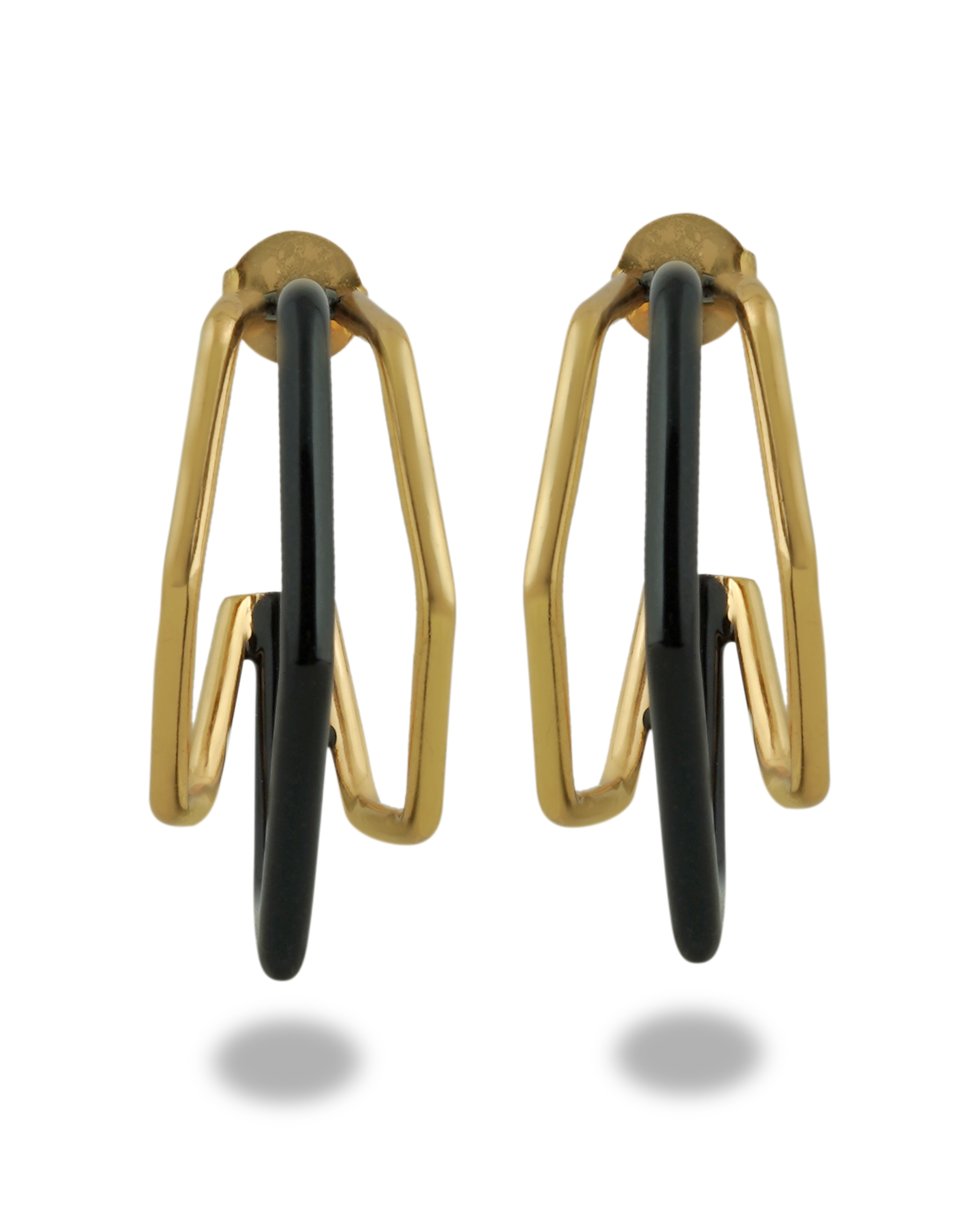 Small trio black enamel gold hoops earrings by Varnika Arora, showcasing shiny gold hoops with black enamel accents. Main image