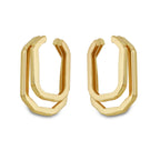 Varnika Arora gold ellipse earrings with smooth, polished finish and elegant oval shape on a white background.