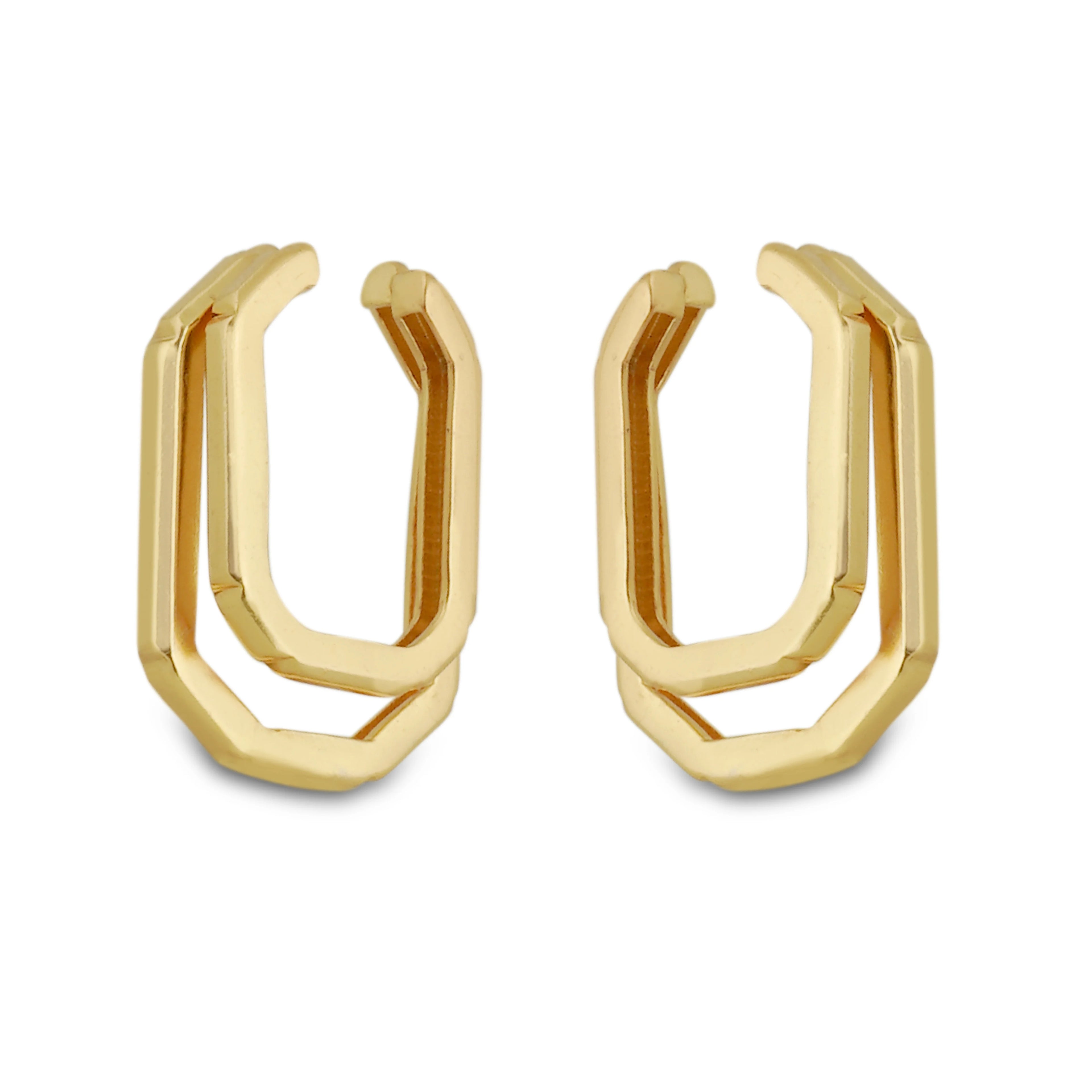 Varnika Arora gold ellipse earrings with smooth, polished finish and elegant oval shape on a white background.