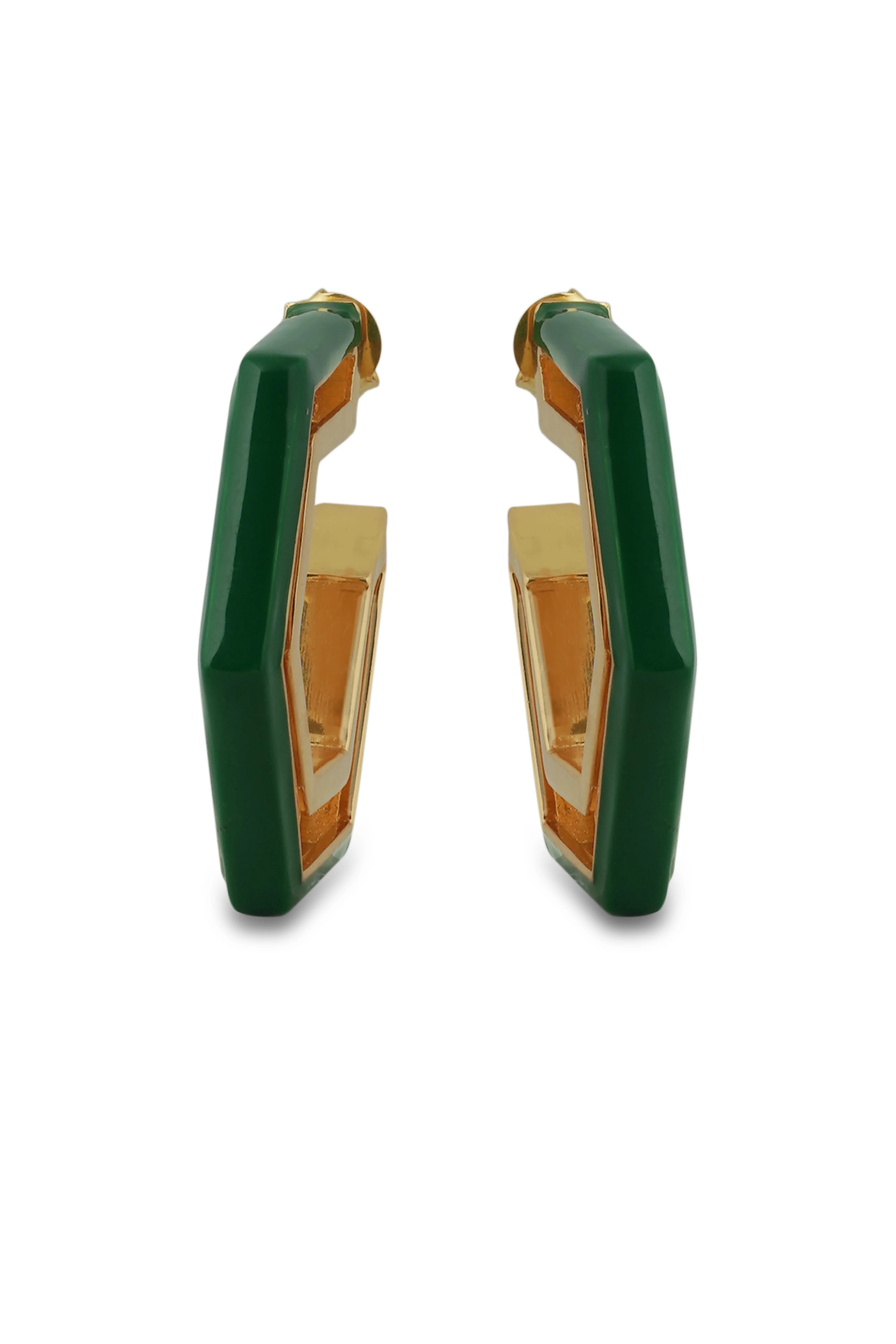 Varnika Arora Devine Green Enamel Gold Hoop Earrings showing green enamel accents on shiny gold hoops