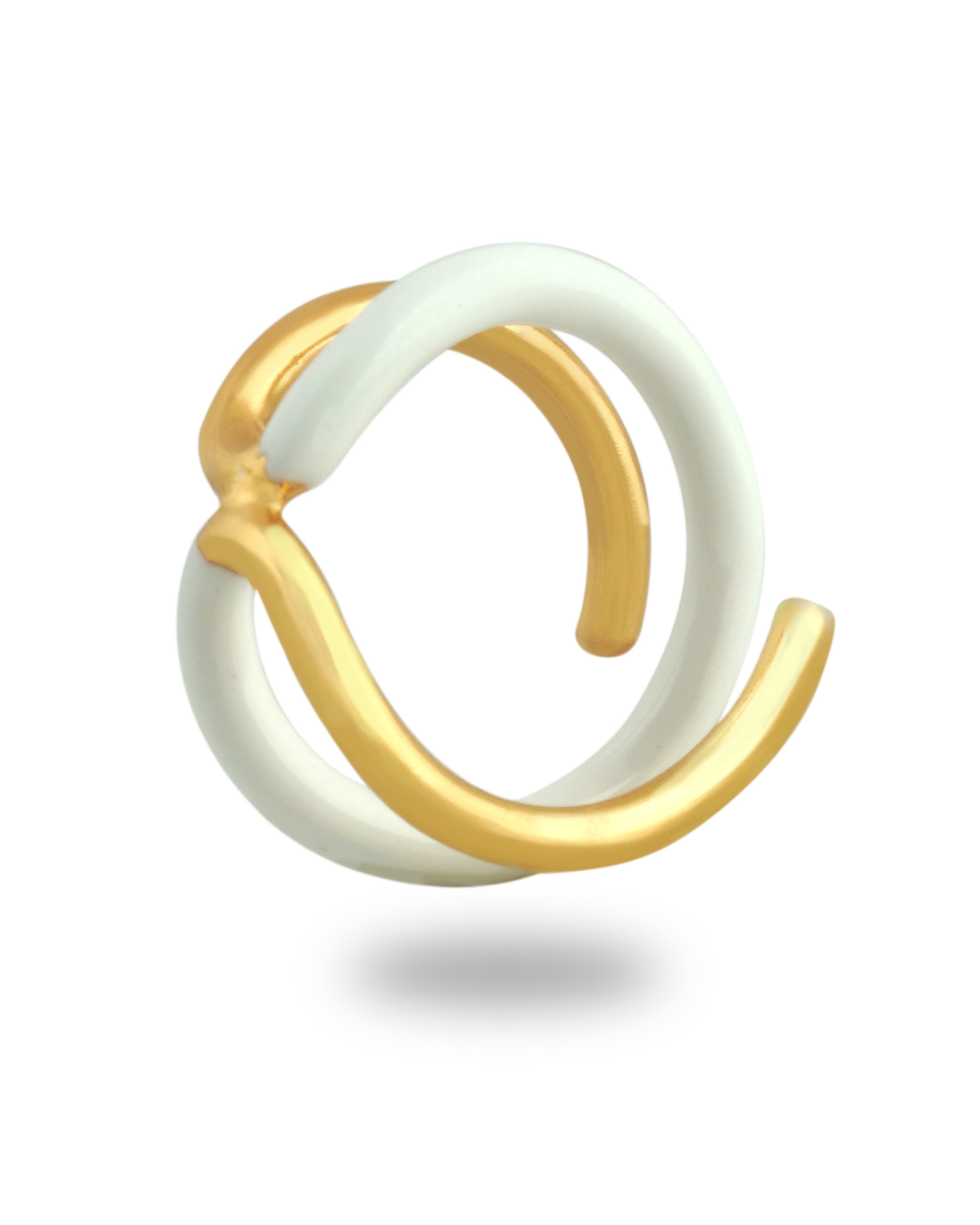 Varnika Arora Twistie 2-way white enamel and gold ring with a modern, stylish design displayed on a white background. Main image