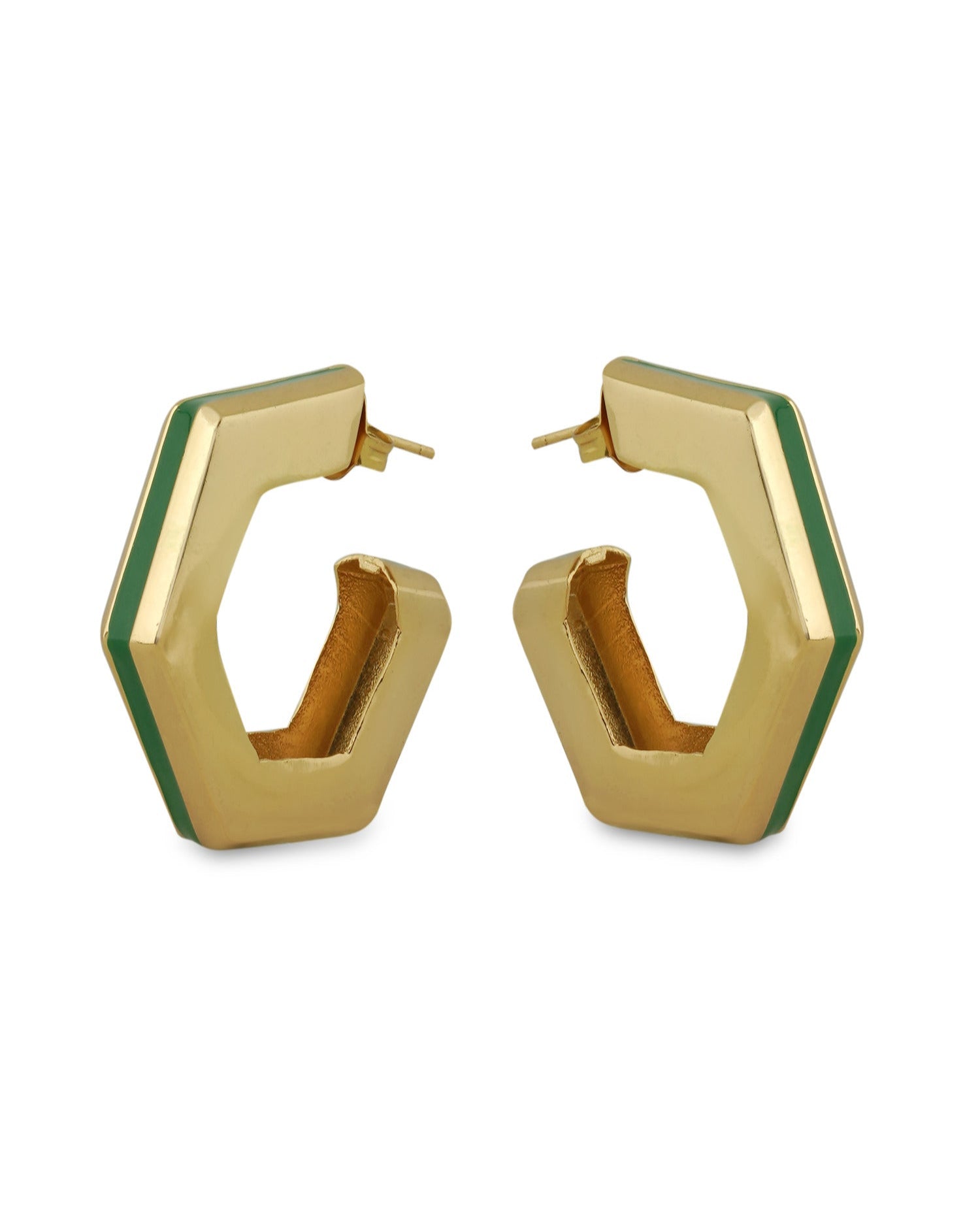 Varnika Arora Helixa Green Enamel Gold Hoops earrings with vibrant green enamel and polished gold finish, stylish hoop jewelry. Main image