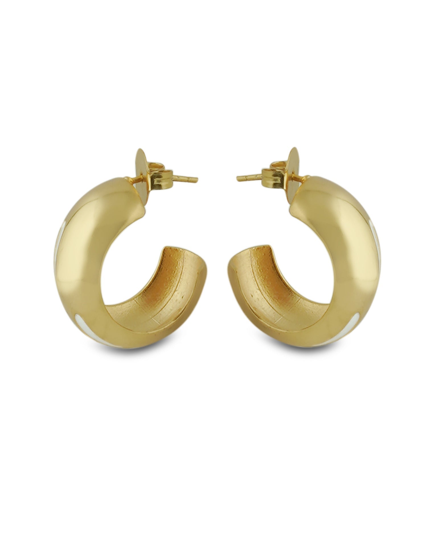 Varnika Arora Luna white enamel gold hoops earrings with a sleek, polished design and circular shape on a plain background. Main image