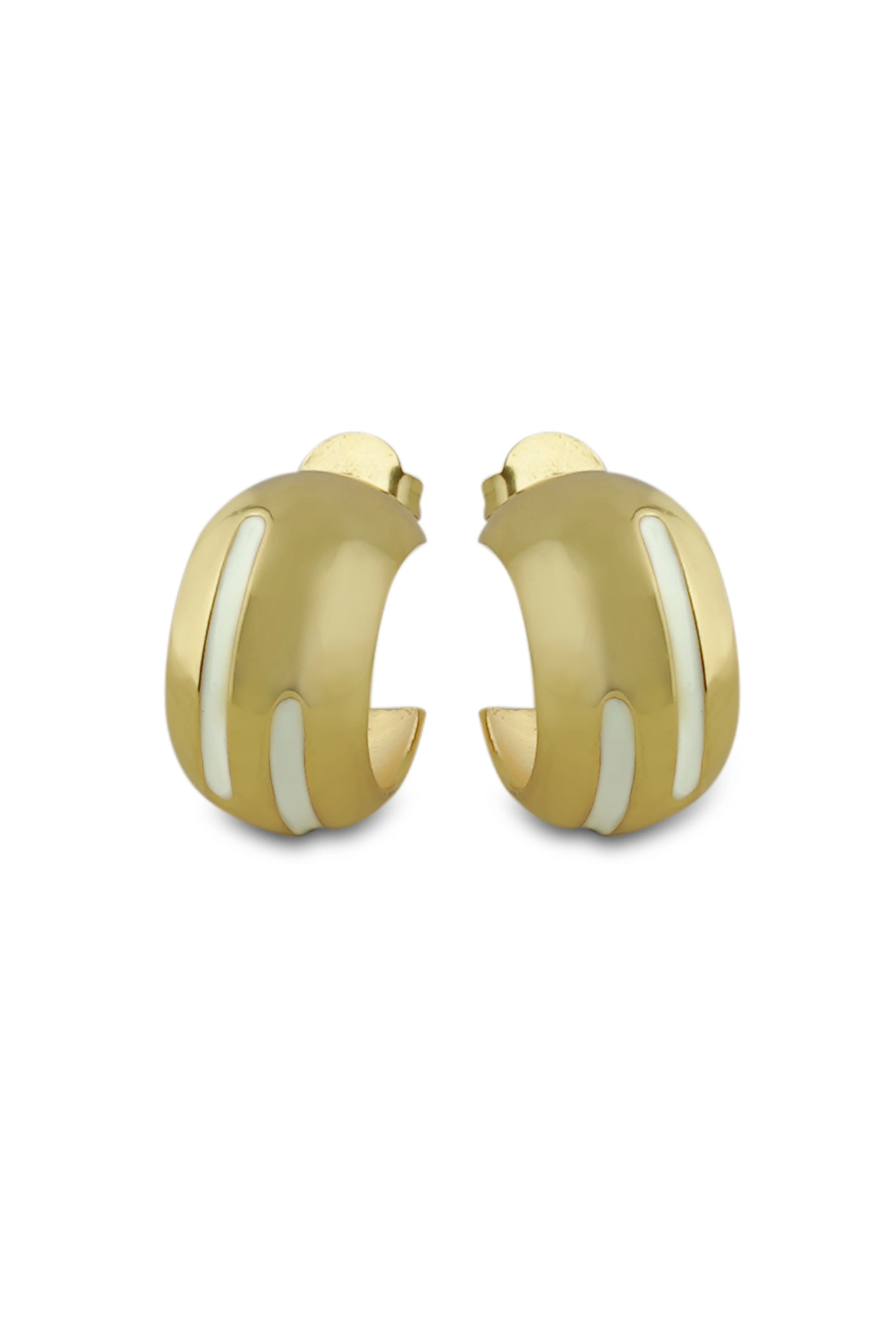 Varnika Arora Luna White Enamel Gold Hoops, gold earrings with white enamel finish, round hoop design, shiny and stylish jewelry