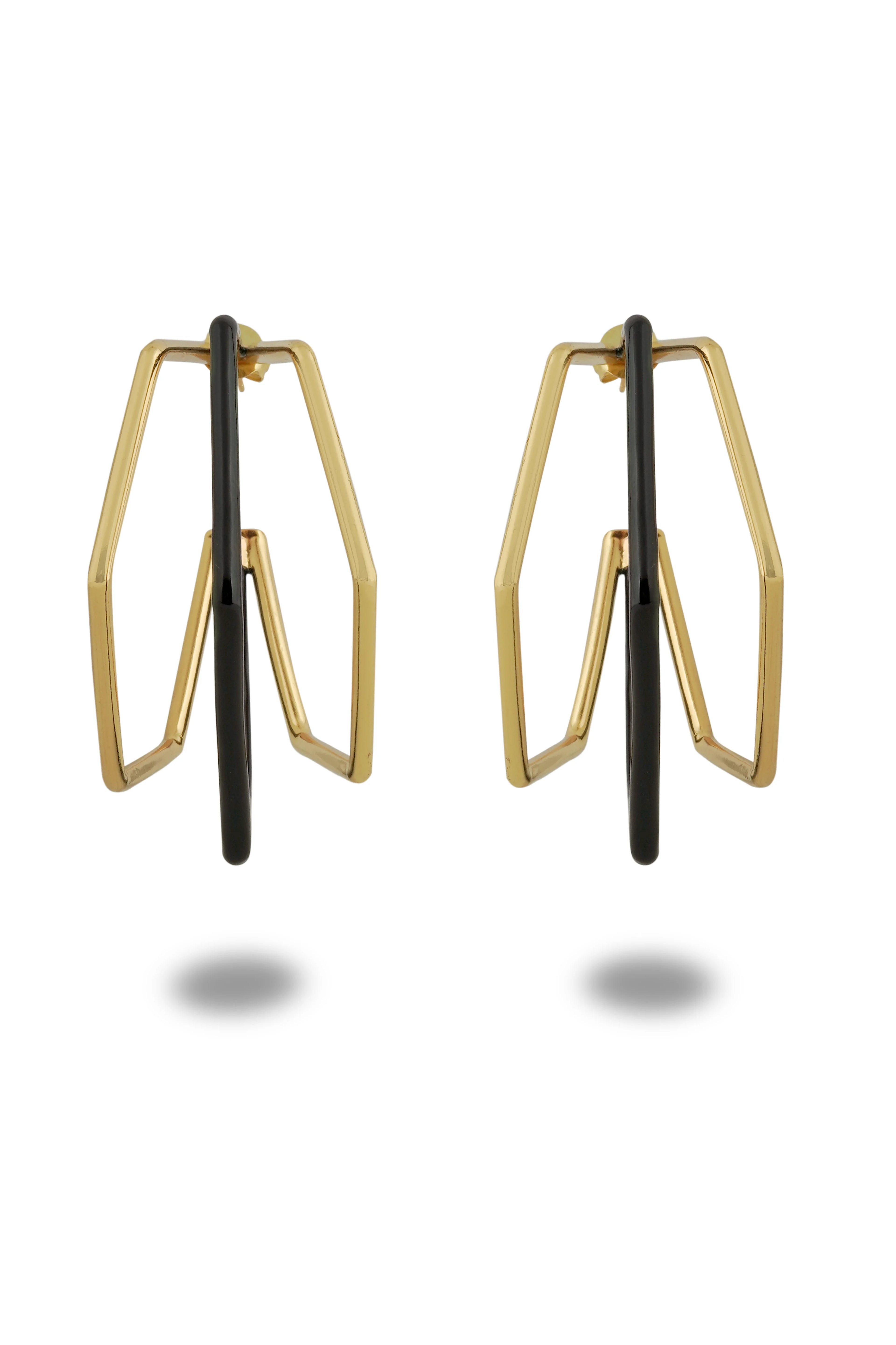XL Trio black enamel gold hoops by Varnika Arora, showcasing the large, stylish hoop earrings with black enamel and gold accents.