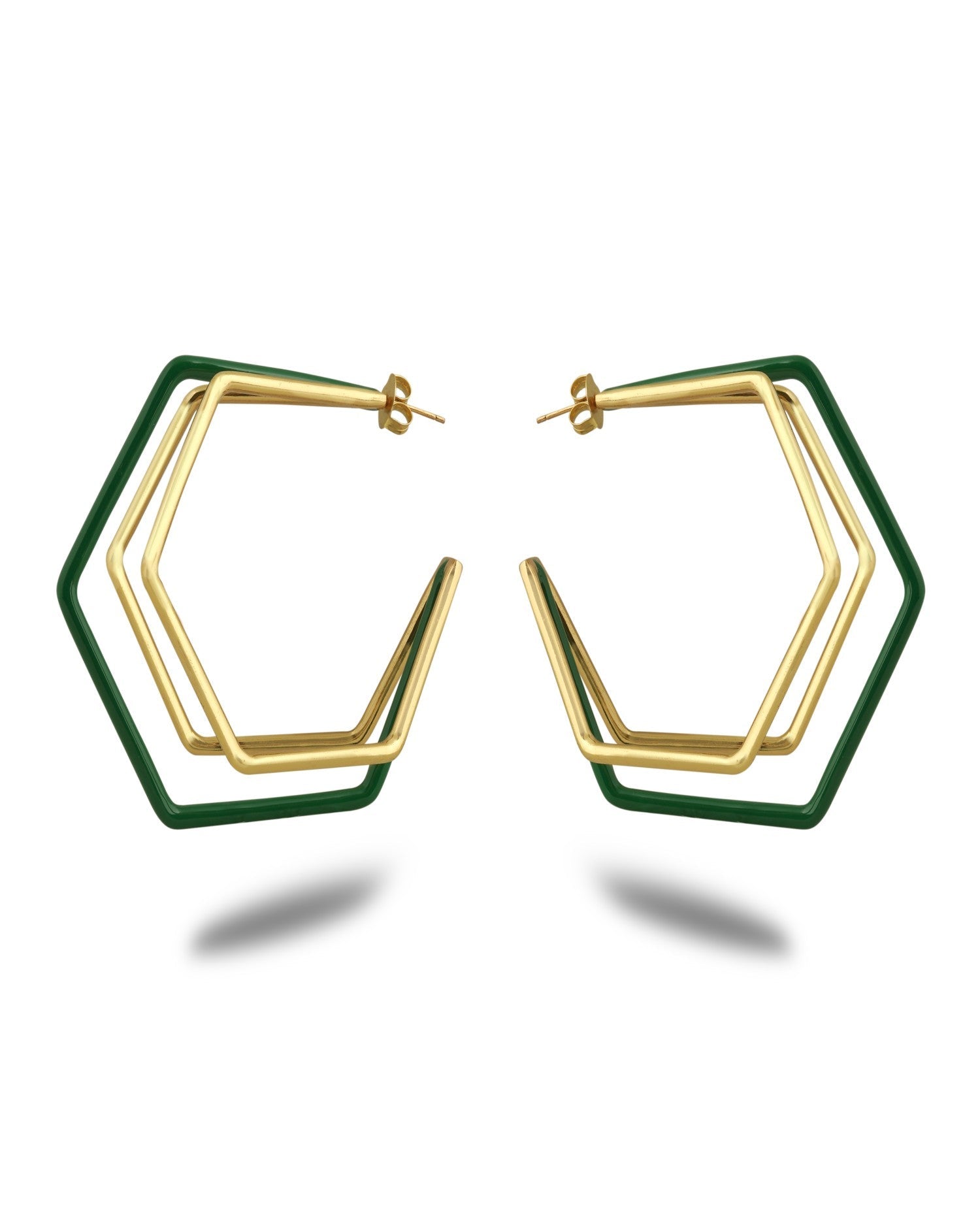 Large green enamel and gold hoop earrings by Varnika Arora, showcasing bold, stylish jewelry with a polished finish. Main image