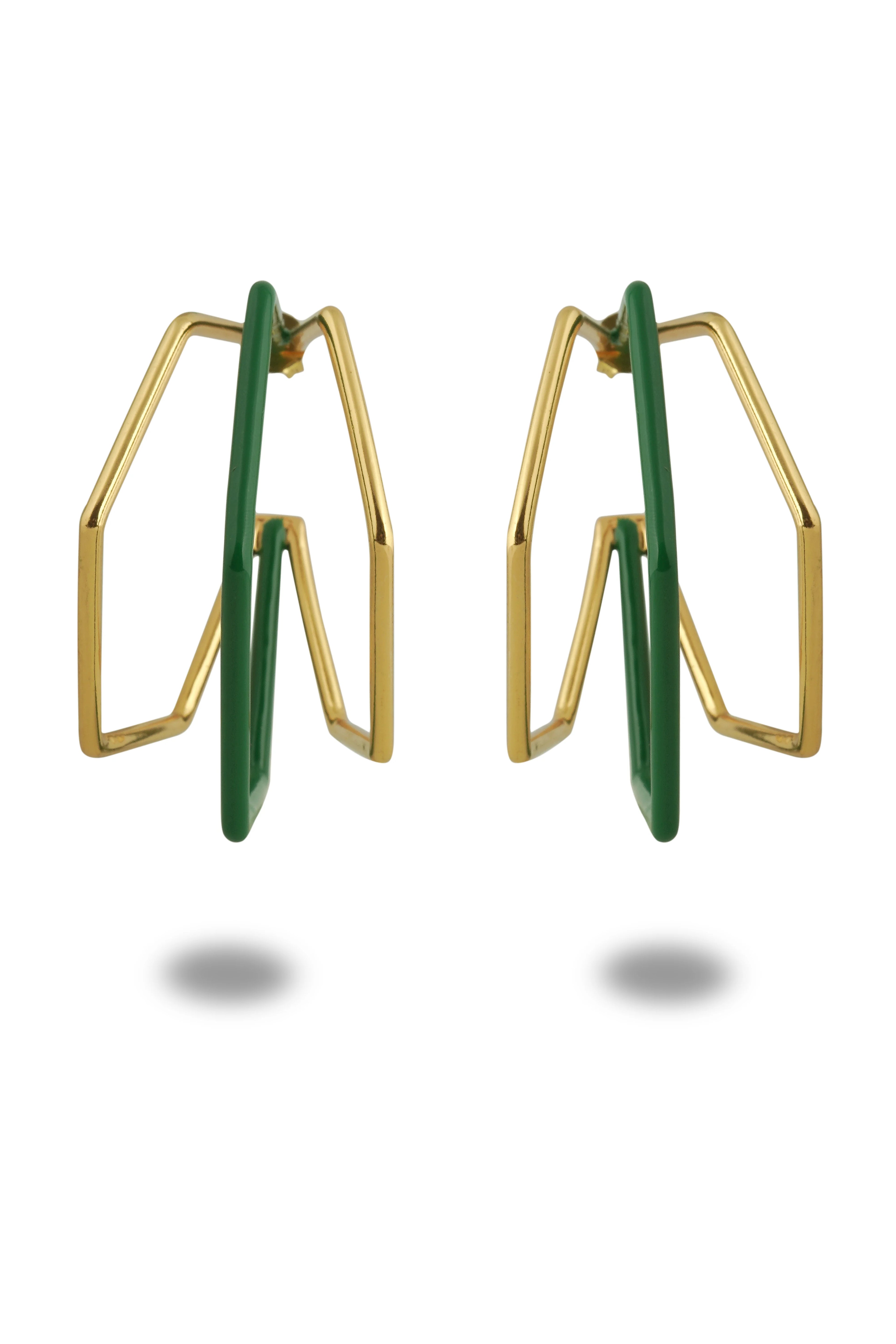 XL Trio green enamel gold hoops by Varnika Arora featuring three layered hoop earrings with vibrant green enamel and gold finish.