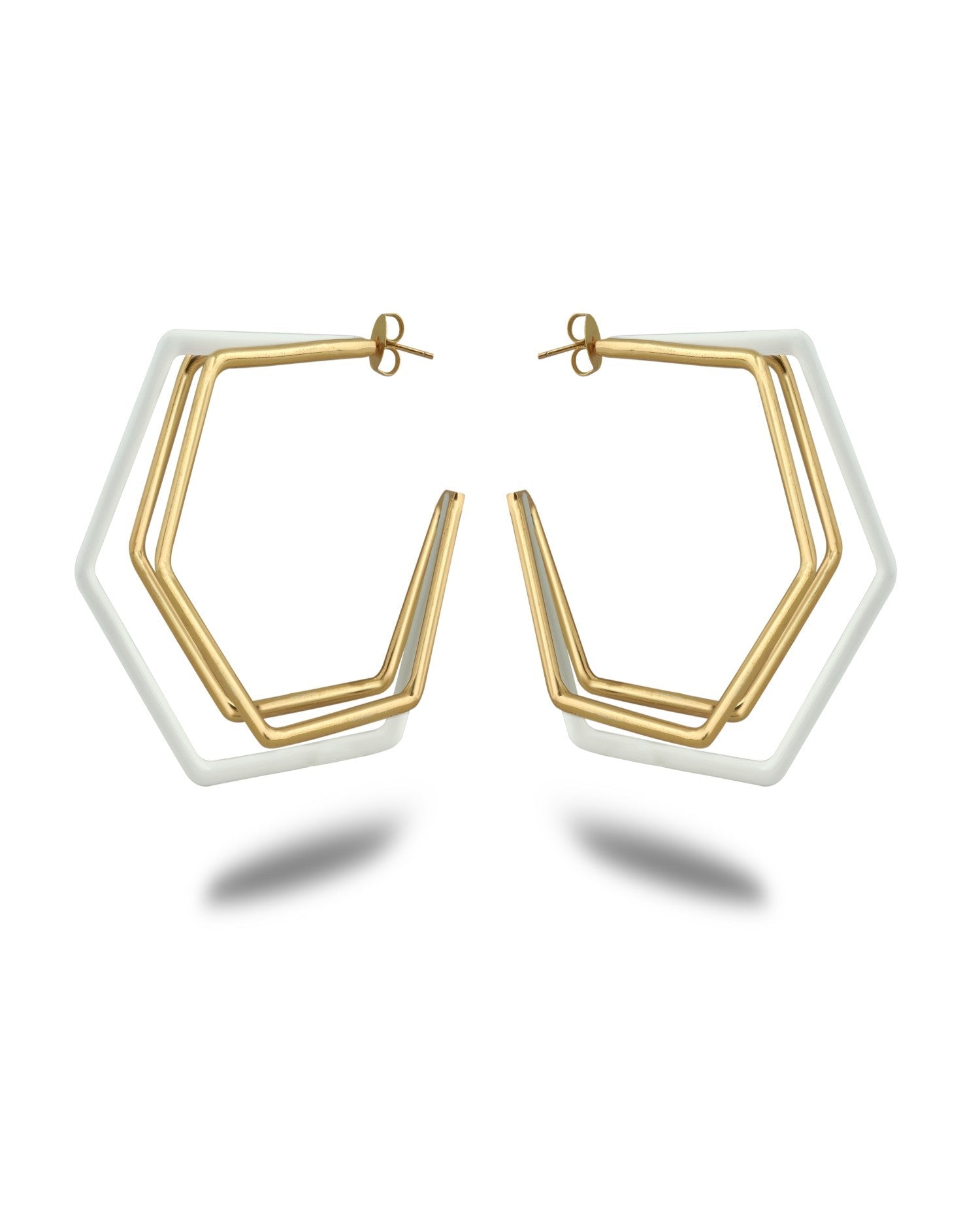 XL Trio white enamel gold hoop earrings by Varnika Arora featuring three layered hoop designs on a white background. Main image
