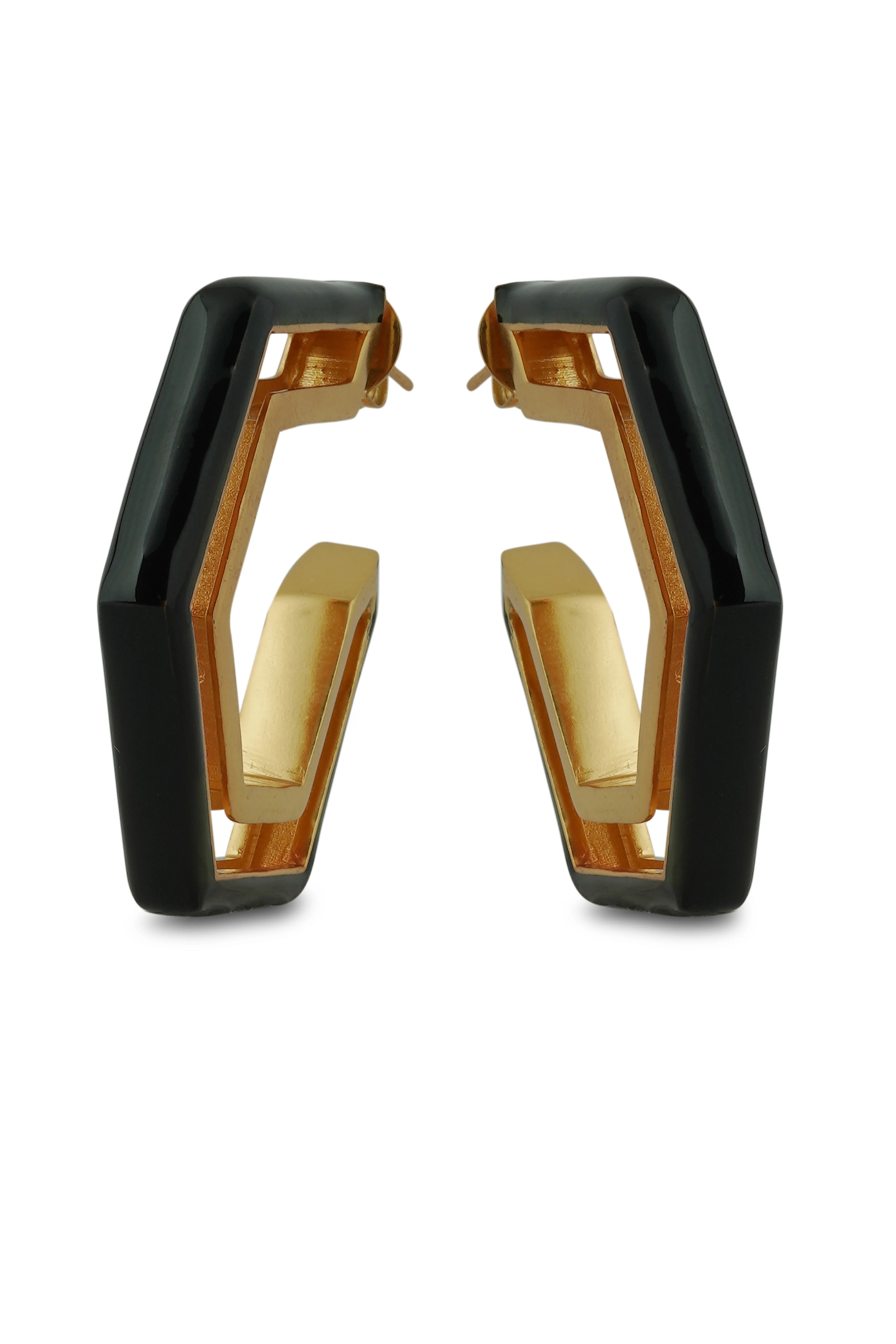 Varnika Arora Devine black enamel and gold hoop earrings with a sleek, stylish design on a plain background.