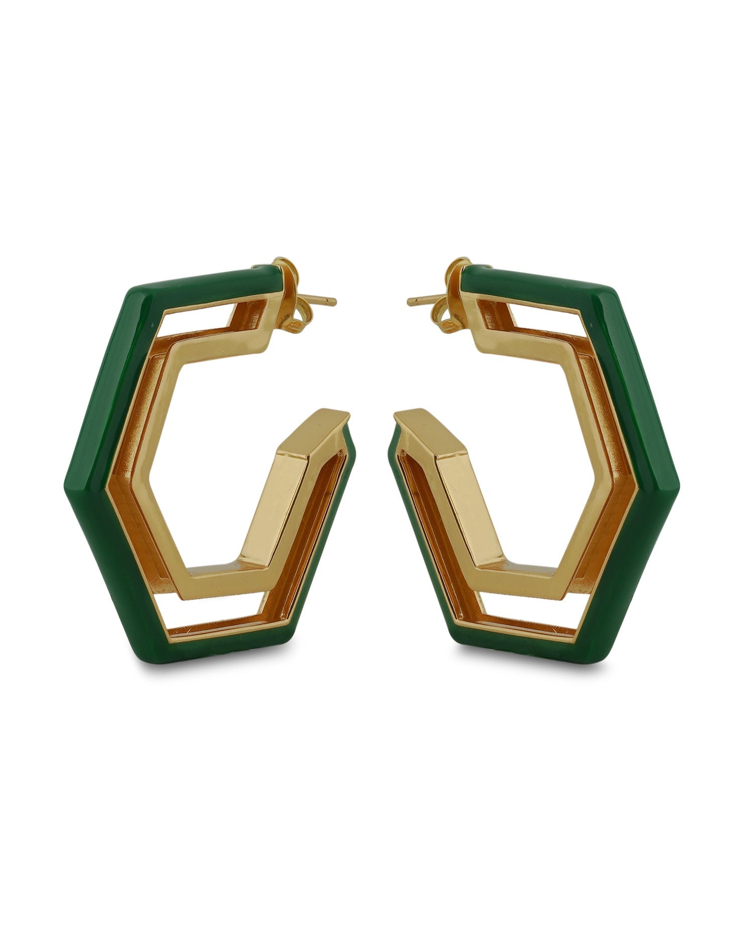 Varnika Arora Devine Green Enamel Gold Hoop Earrings showing vibrant green enamel and shiny gold hoops on a white background. Main image