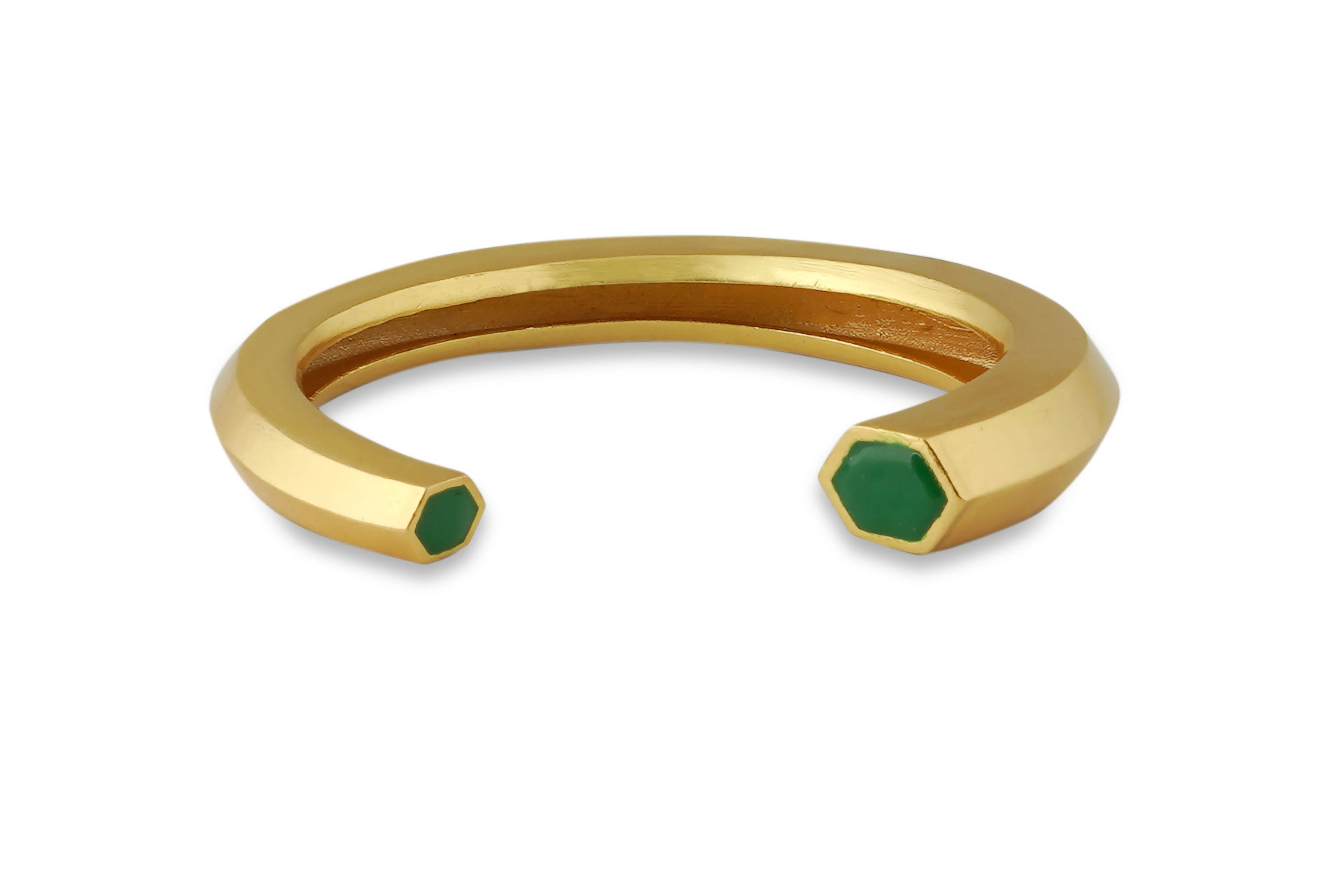 Varnika Arora Hexa Green Enamel Gold Bangle cuff with geometric design and intricate detailing on polished gold surface.