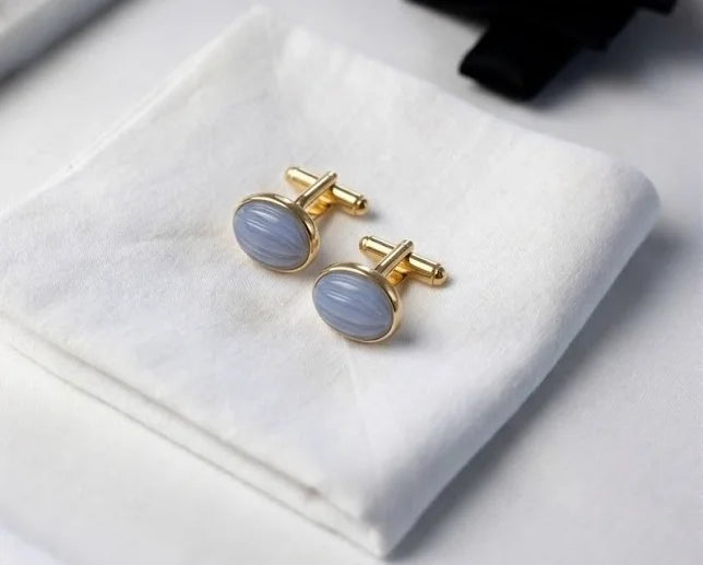 VARNIKA ARORA Chalcedony cufflinks jewelry with polished blue-green gemstones and silver-tone metal setting.
