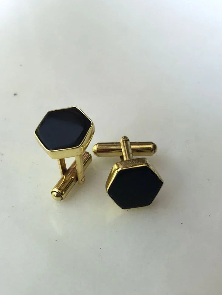 Black Onyx cufflinks by Varnika Arora, elegant jewelry accessory with polished black stone and silver-tone setting. Main image