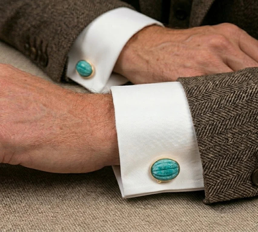 Varnika Arora Amazonite cufflinks with polished blue-green stones and silver-tone settings, stylish men's accessory.