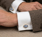 VARNIKA ARORA chalcedony cufflinks with silver-tone setting, showcasing polished blue gemstone jewelry for men.