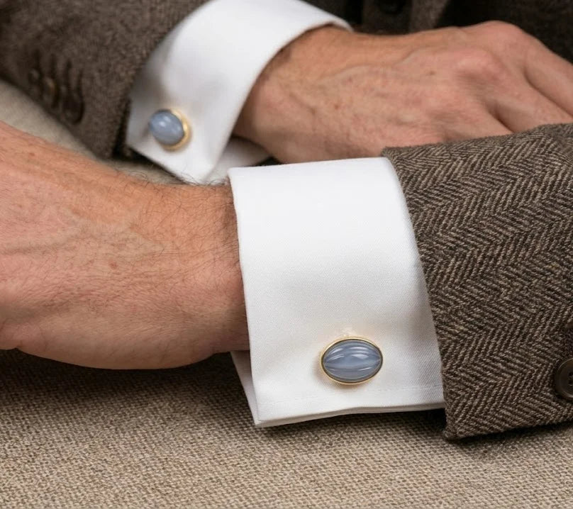 VARNIKA ARORA chalcedony cufflinks with silver-tone setting, showcasing polished blue gemstone jewelry for men.