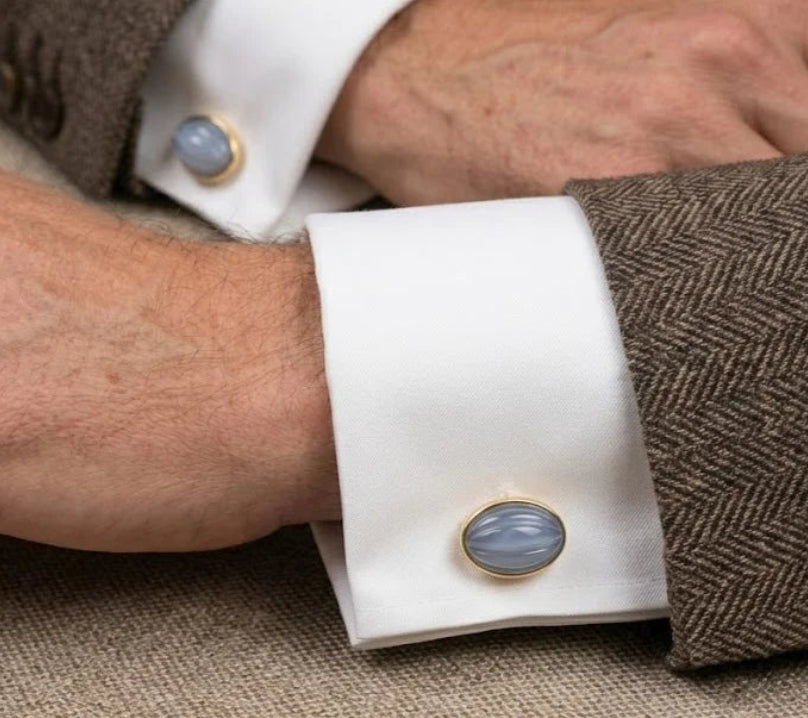 VARNIKA ARORA chalcedony cufflinks with silver-tone setting, showcasing polished blue gemstone jewelry for men. Main image