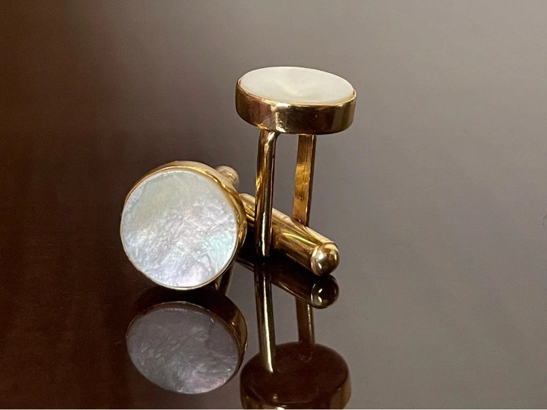 VARNIKA ARORA MOP cufflinks in jewelry, featuring polished blue and white mother of pearl in a sleek, elegant design. Main image