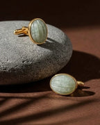 Prehnite cufflinks from VARNIKA ARORA jewelry collection featuring polished green gemstone accents and silver-tone setting.