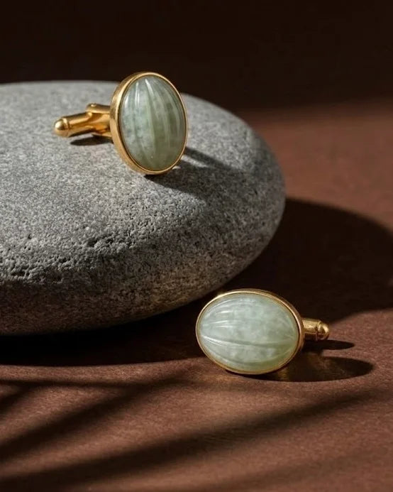 Prehnite cufflinks from VARNIKA ARORA jewelry collection featuring polished green gemstone accents and silver-tone setting.