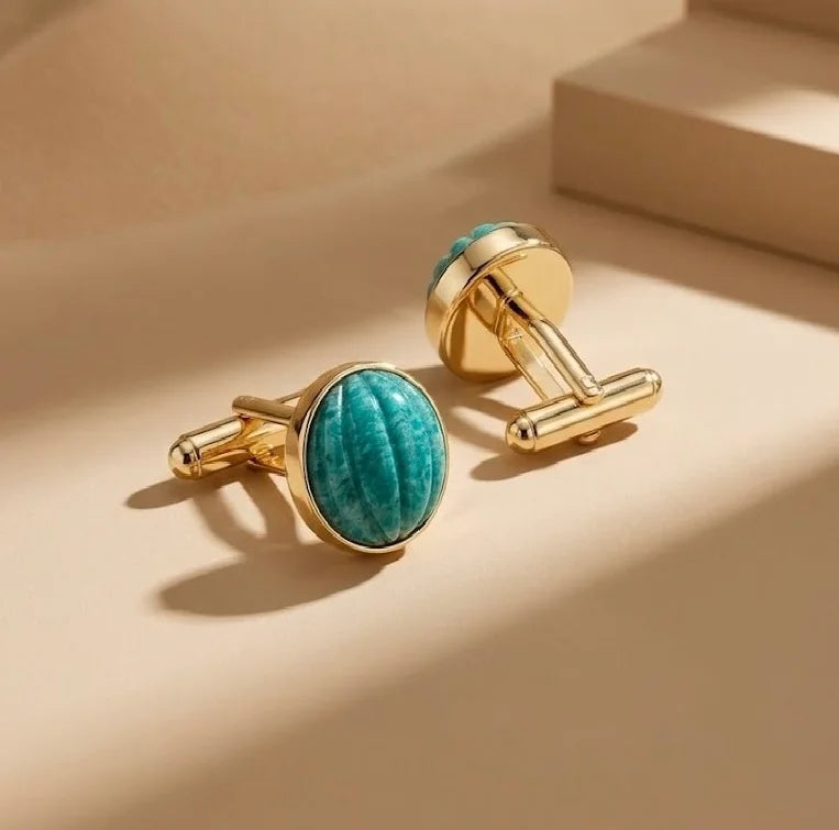 Varnika Arora Amazonite cufflinks with polished blue-green stones and silver-tone hardware on a white background. Main image