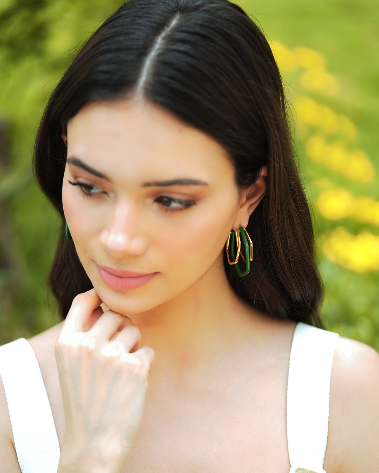 Small Trio Green Enamel Gold Hoops