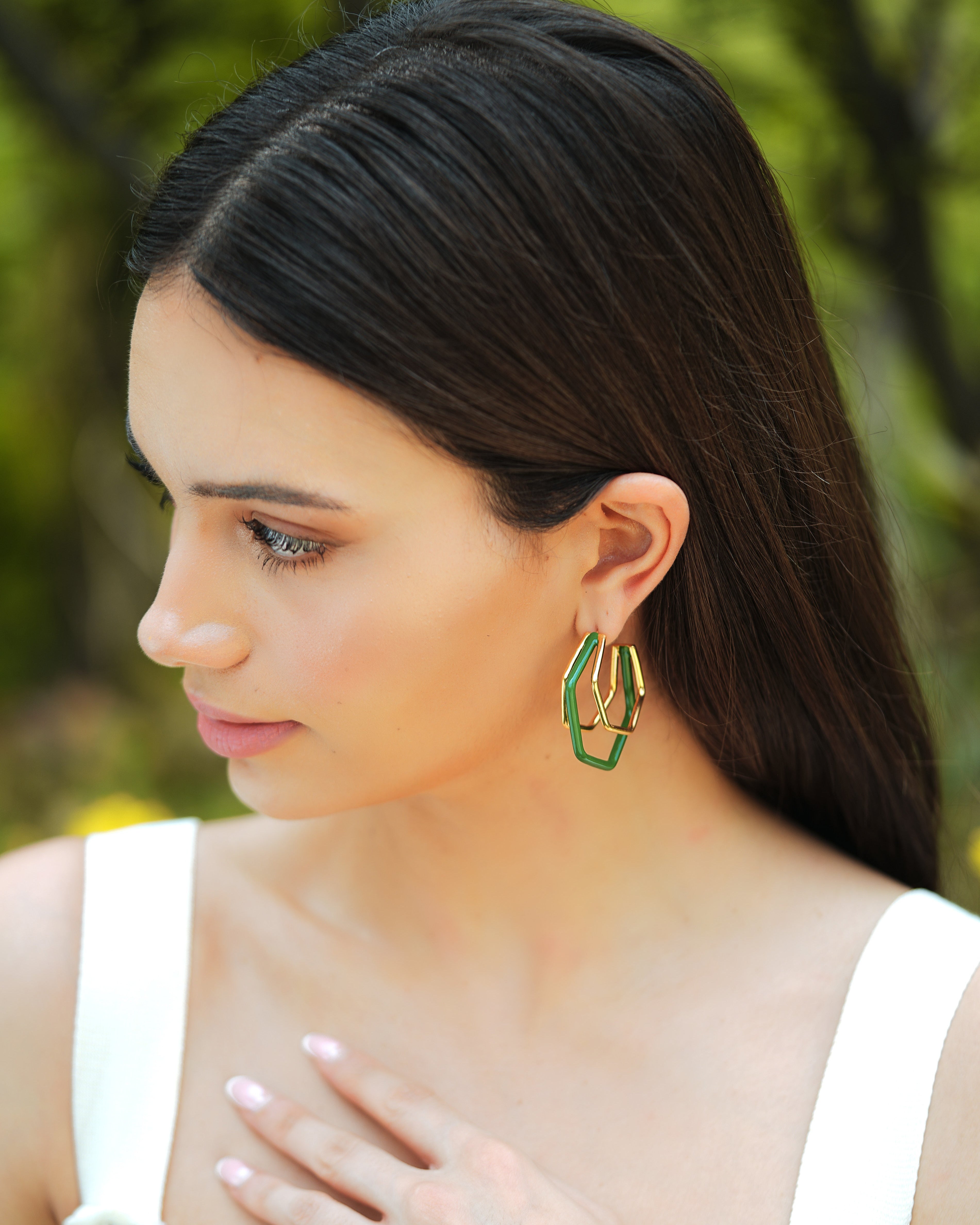 Small Trio Green Enamel Gold Hoops Main image
