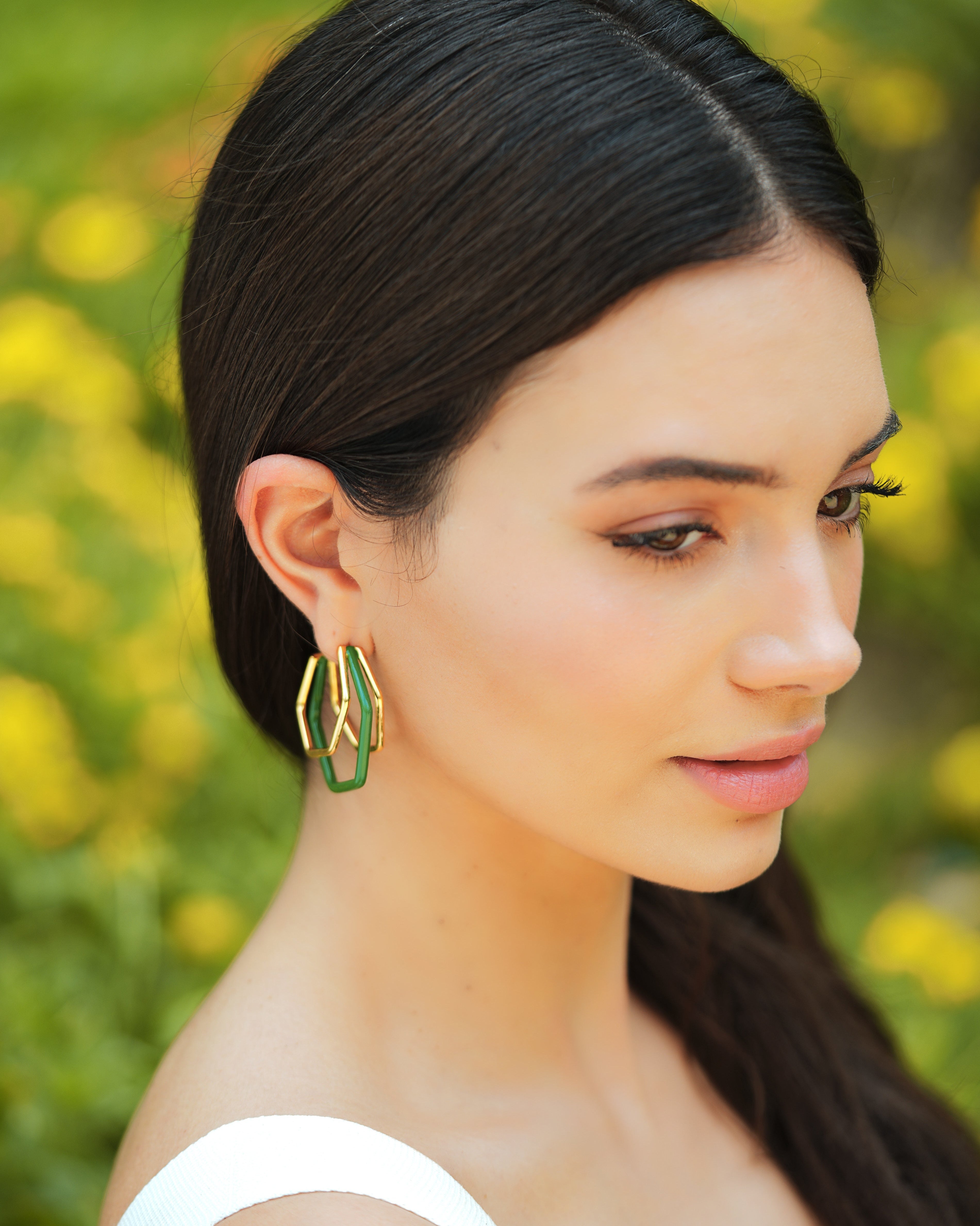 Small Trio Green Enamel Gold Hoops