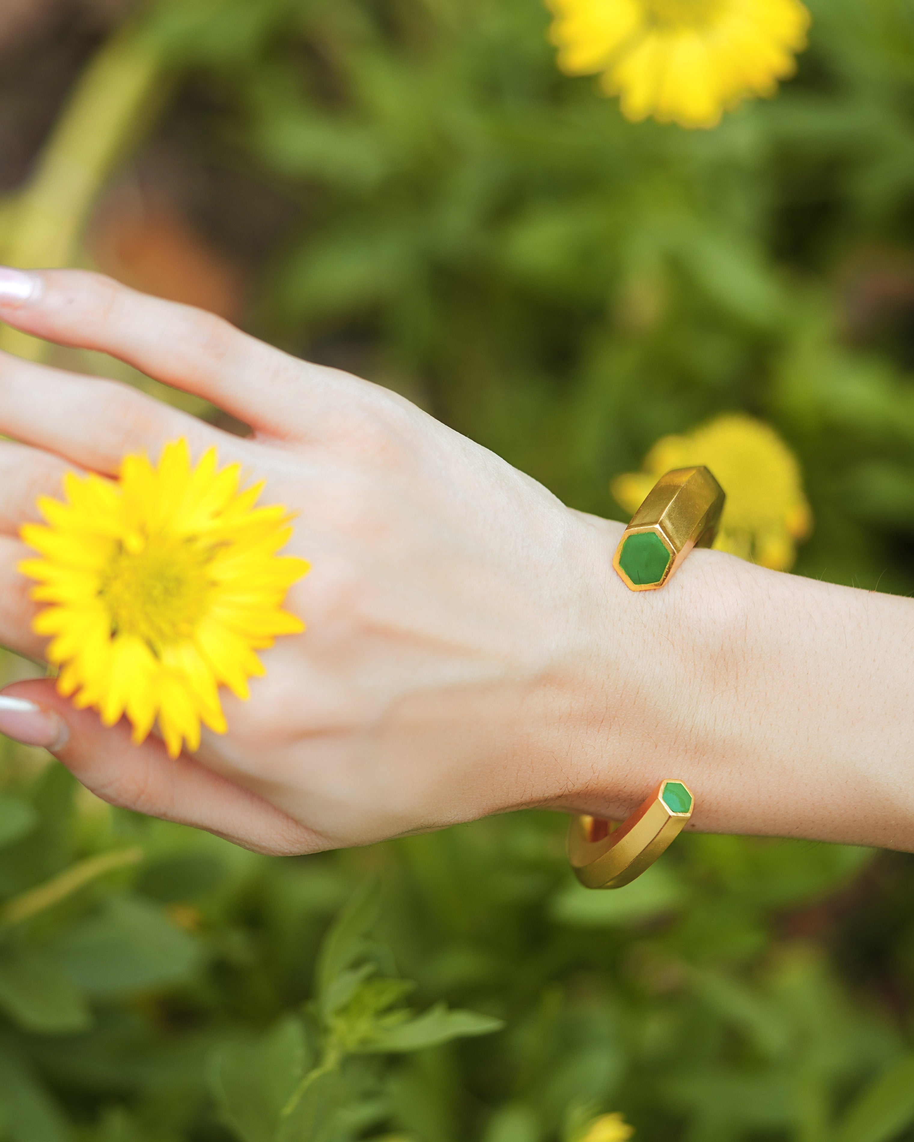 Hexa Green Enamel Gold Cuff