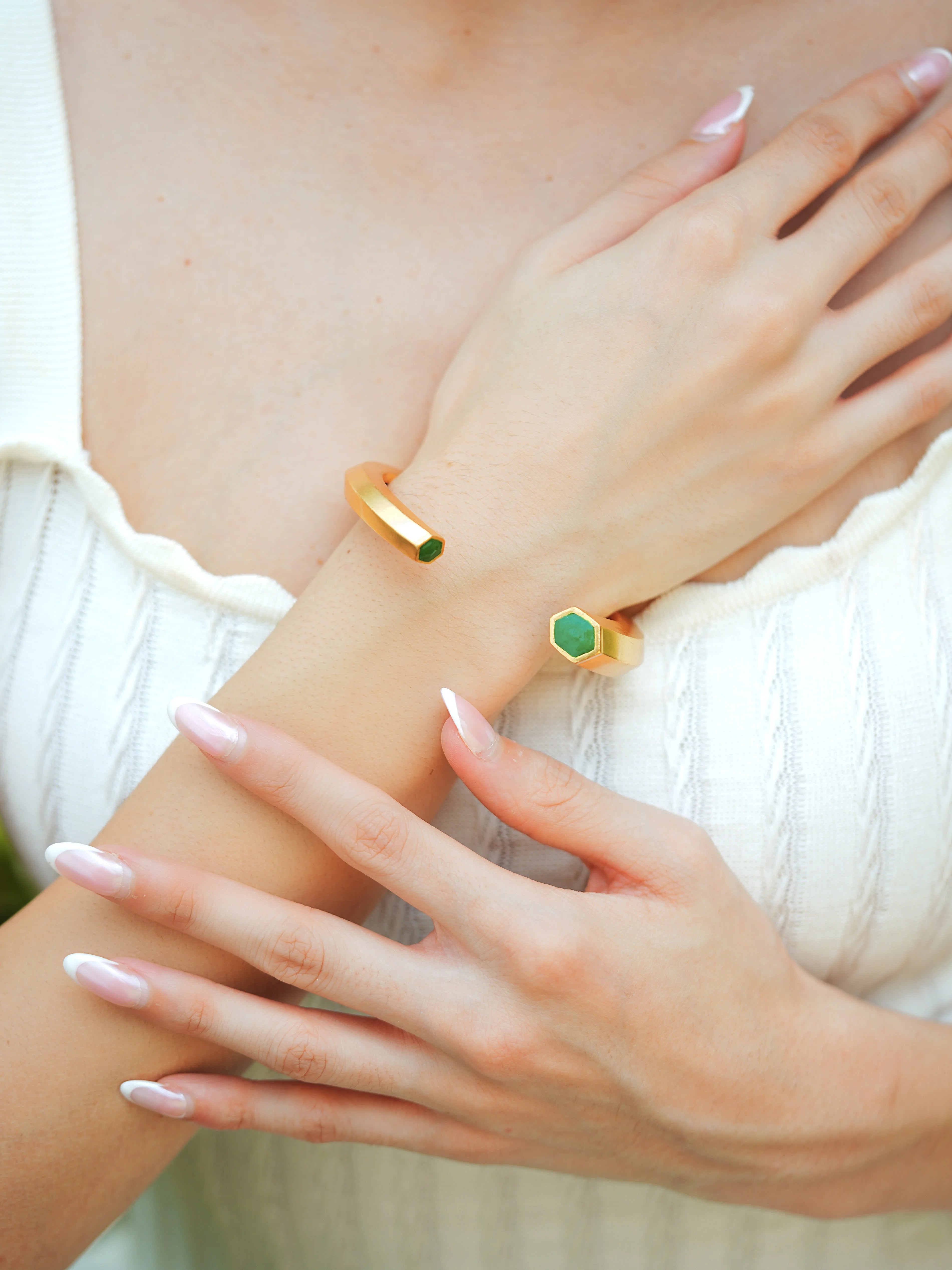 Varnika Arora Hexa Green Enamel Gold Bangle cuff with geometric design and polished finish, showcasing intricate craftsmanship. Main image
