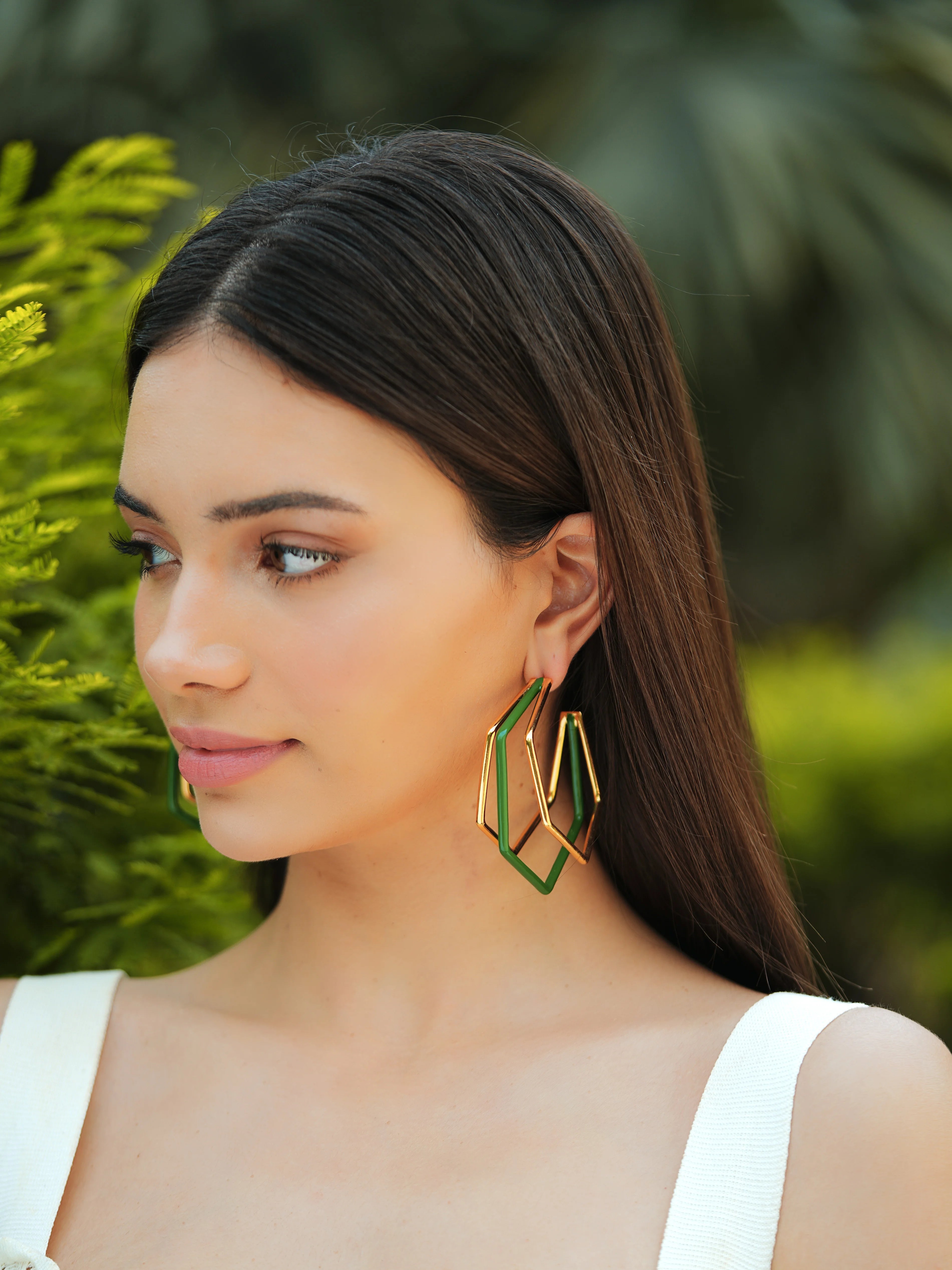 XL Trio green enamel gold hoops by Varnika Arora, showcasing large gold hoops with vibrant green enamel detail.