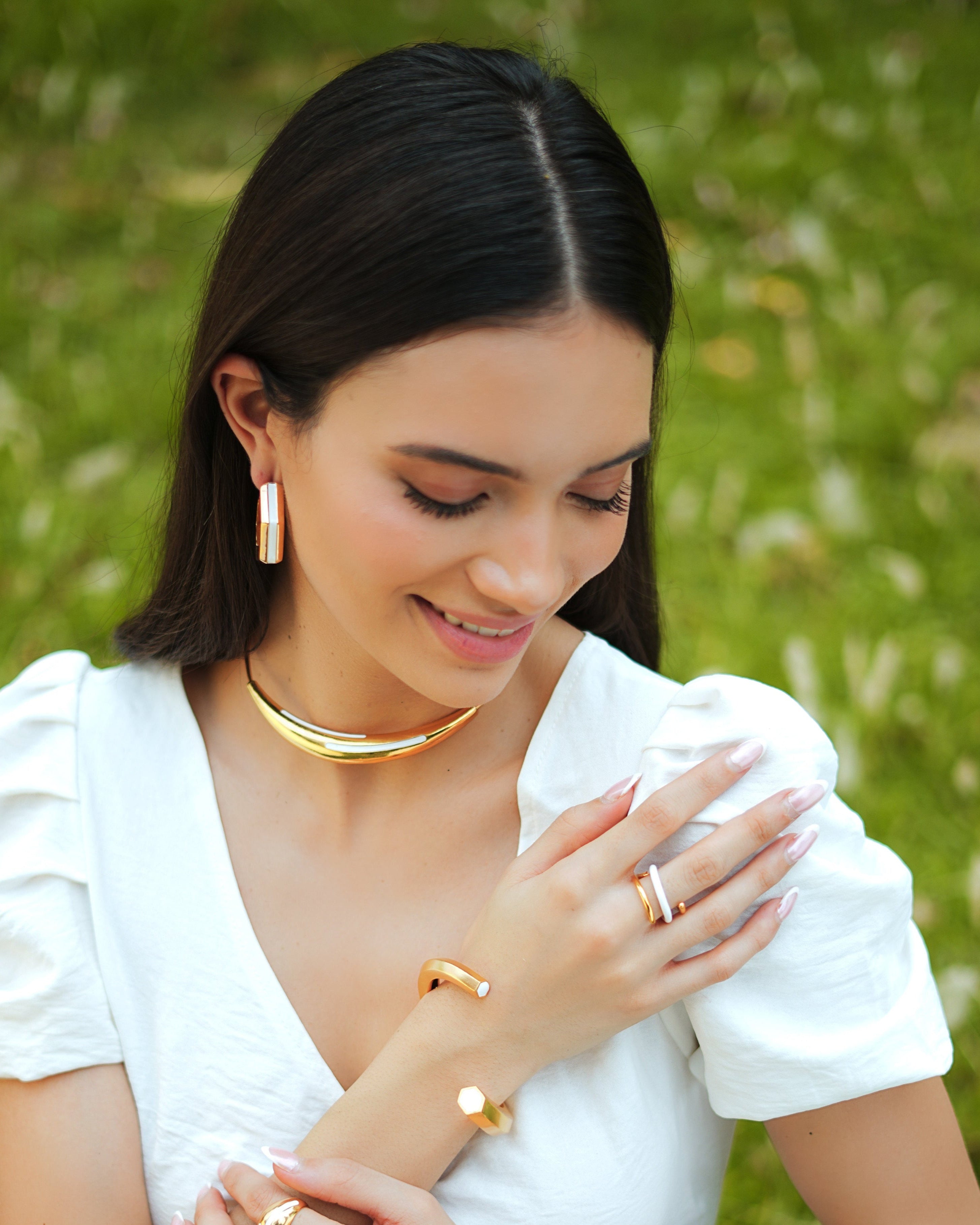 Varnika Arora Hexa White Enamel Gold Bangle cuff with geometric design and polished finish, stylish jewelry accessory. Main image