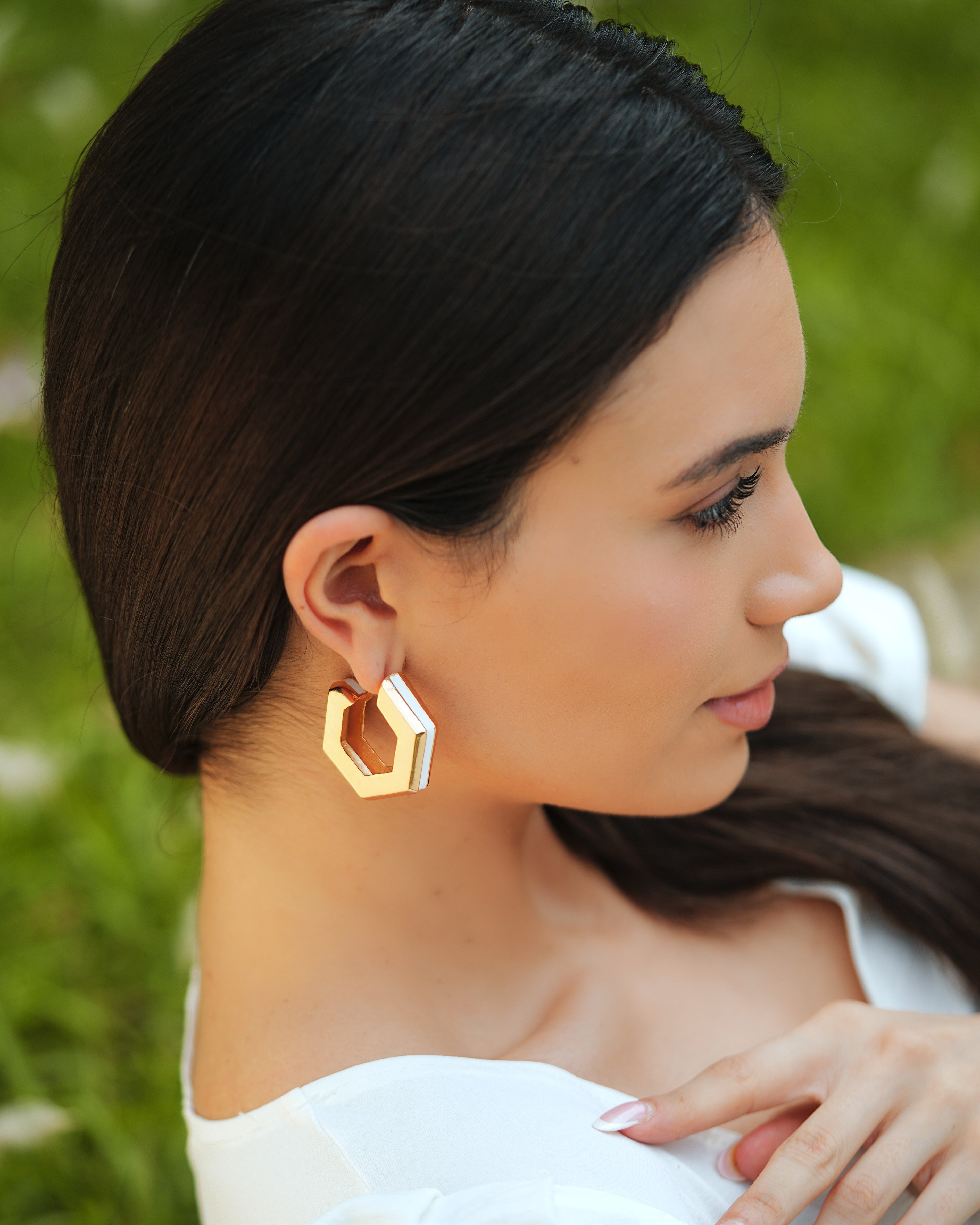 Huma Qureshi in Helixa White Enamel Gold Hoops