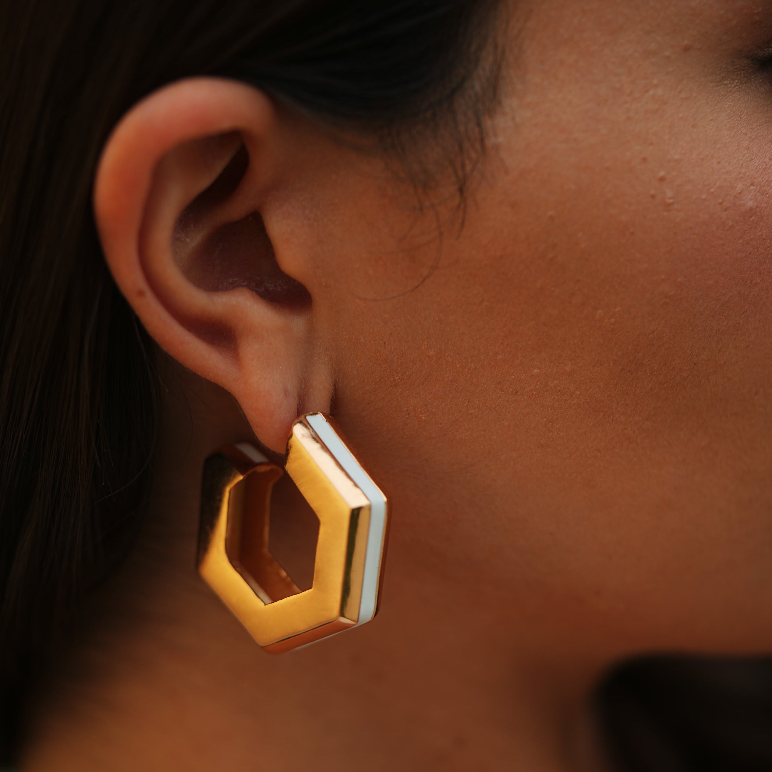Huma Qureshi in Helixa White Enamel Gold Hoops