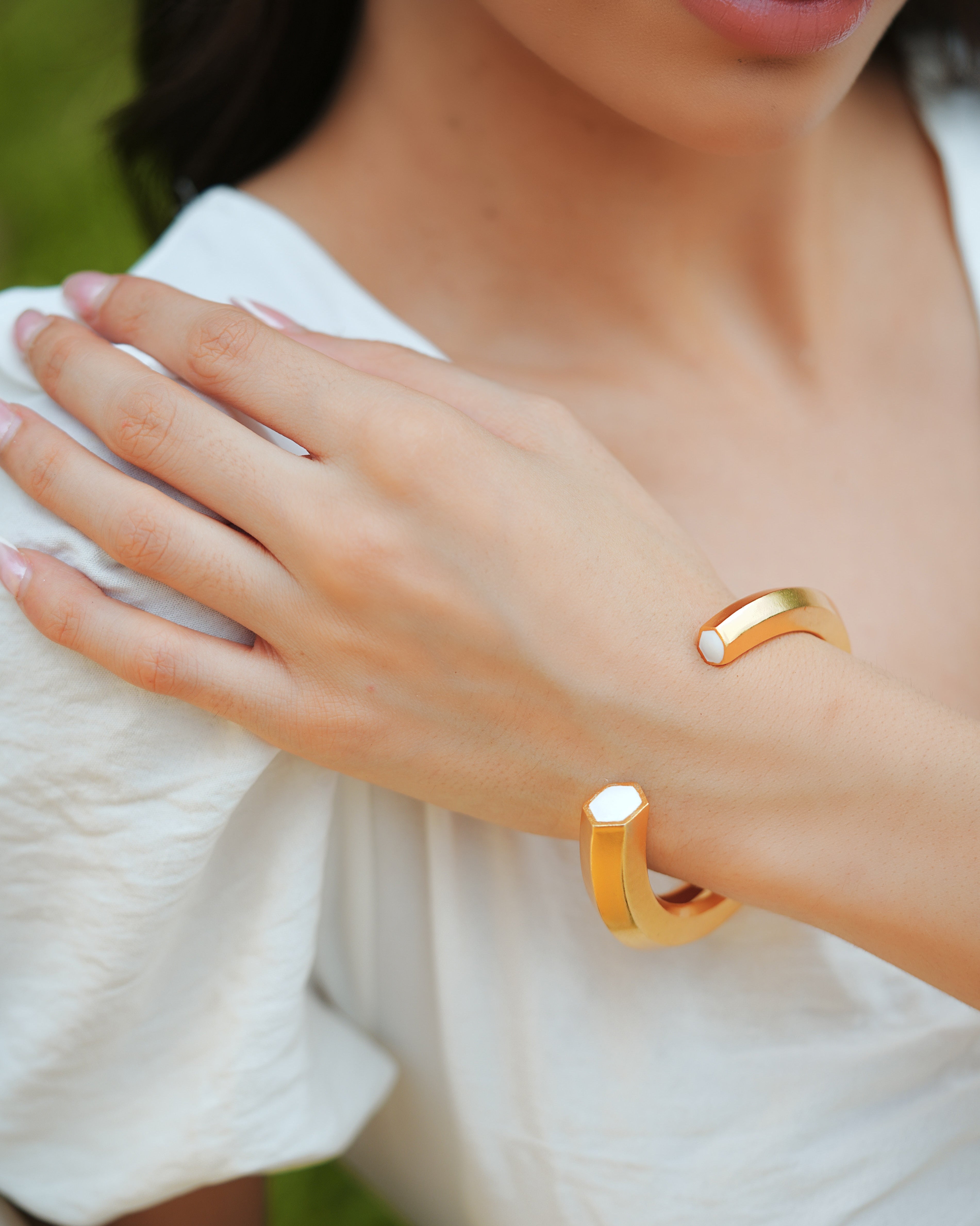 Hexa White Enamel Gold Cuff Main image