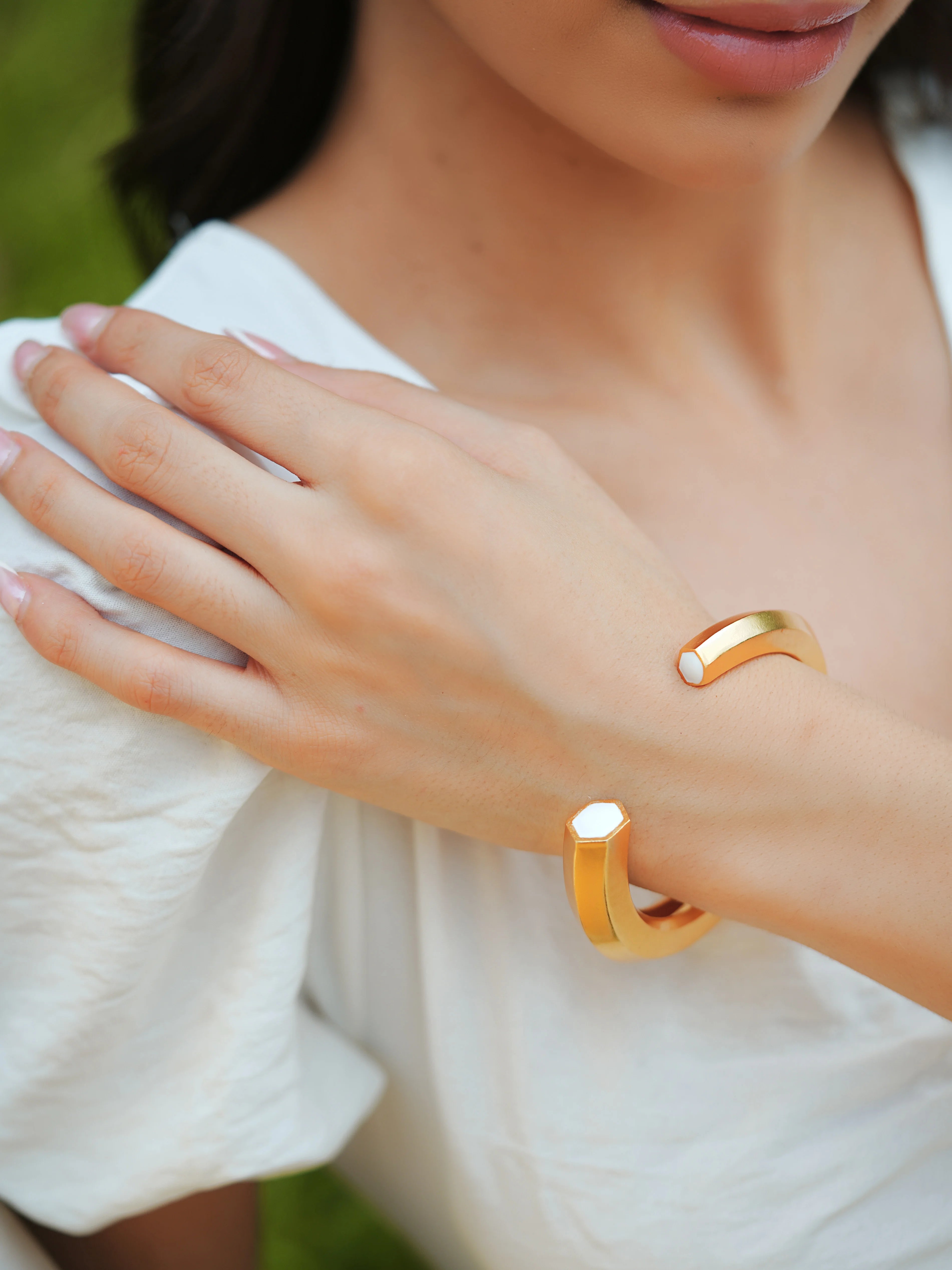 Hexa White Enamel Gold Cuff Secondary image