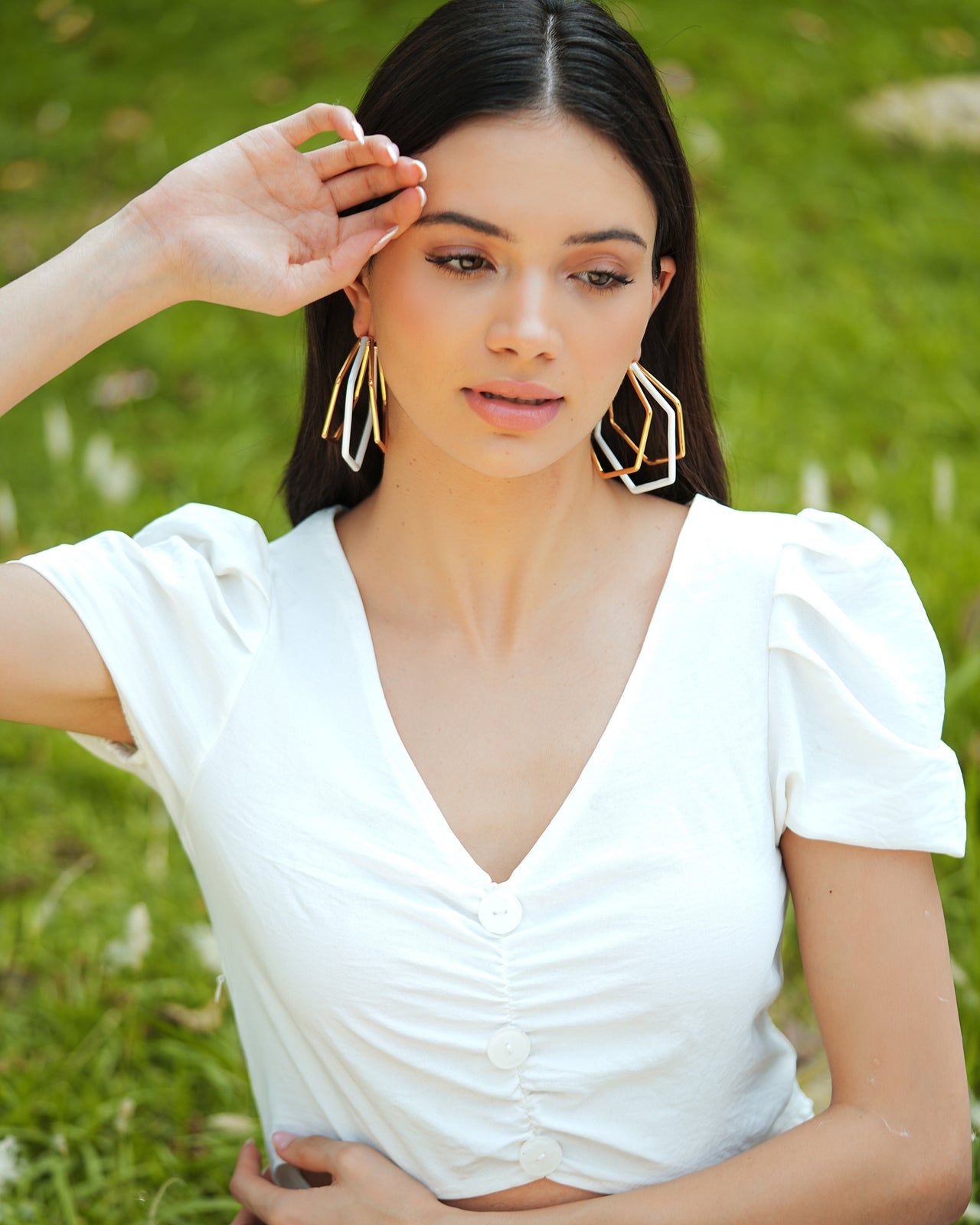 XL Trio White Enamel Gold Hoops