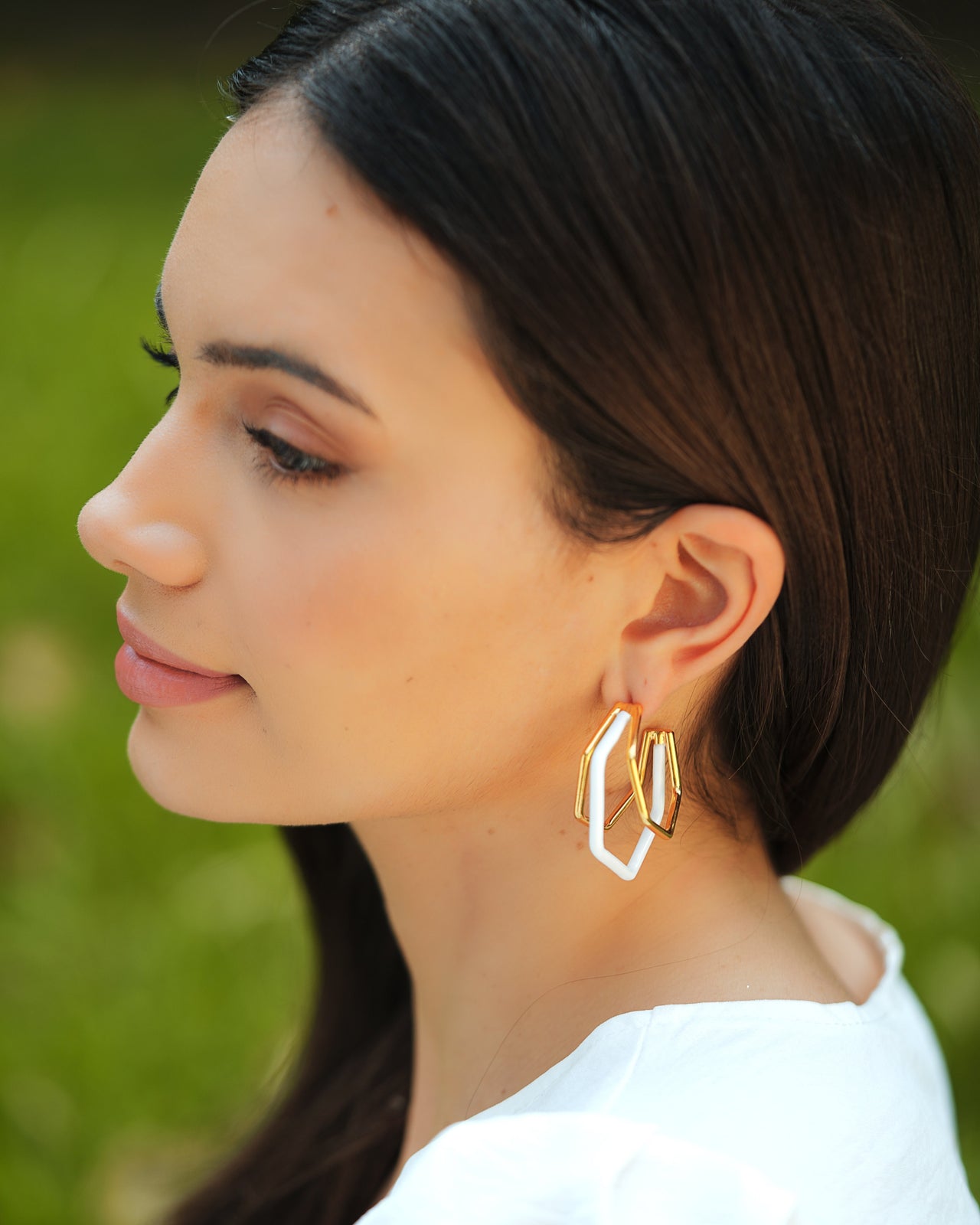 Small Trio White Enamel Gold Hoops