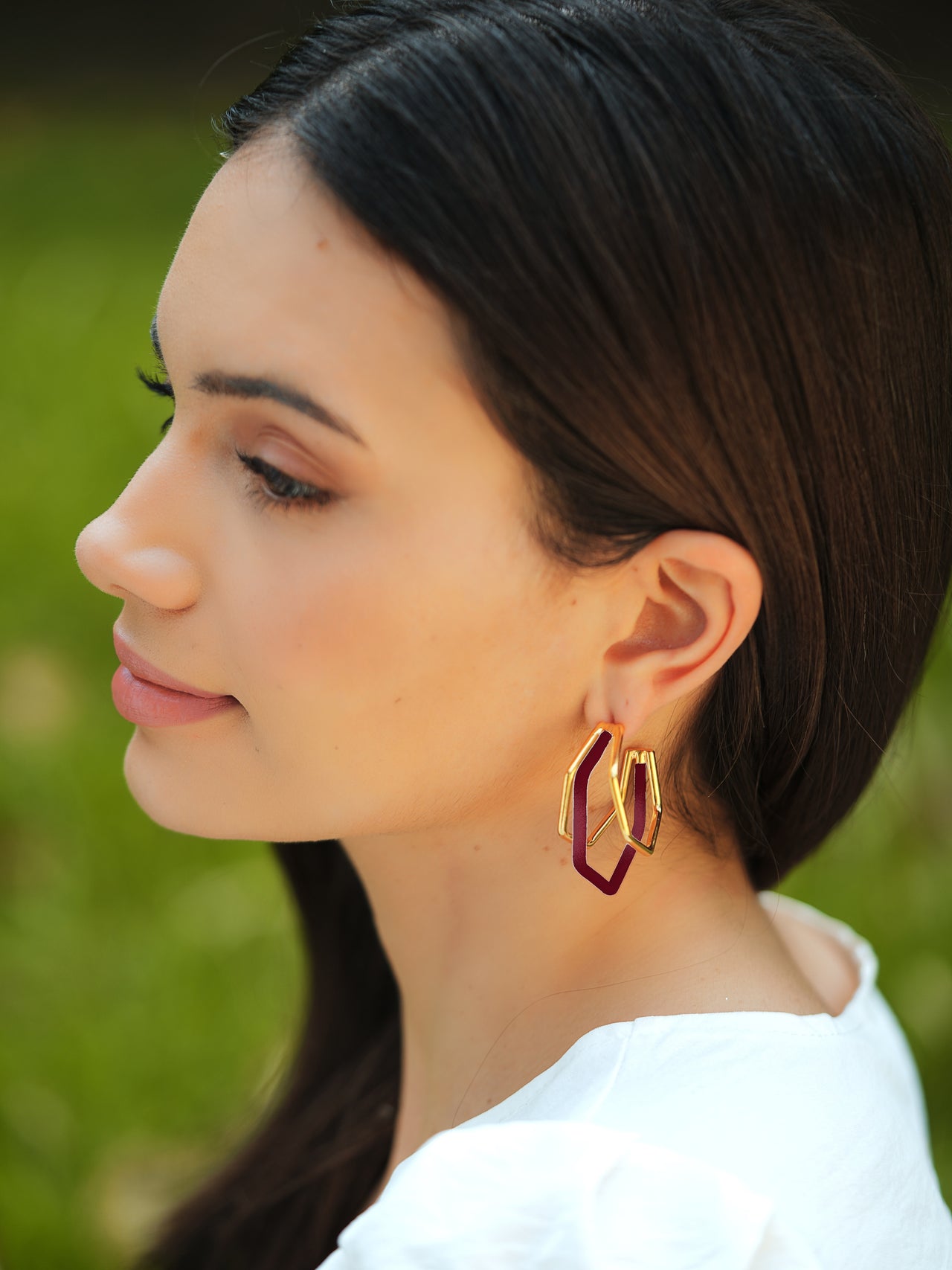 Small Trio Maroon Enamel Gold Hoops