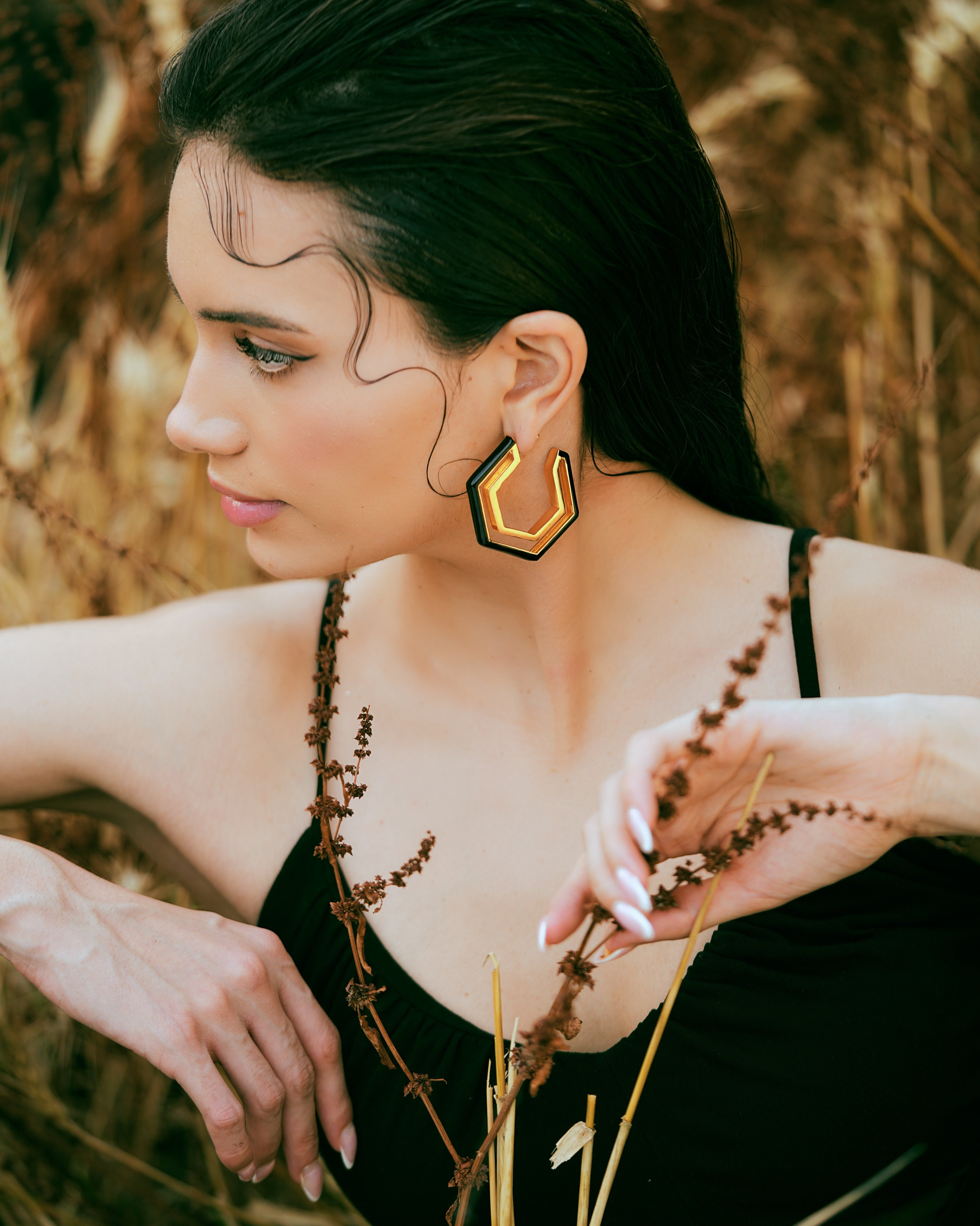 Devine Black Enamel Gold Earrings