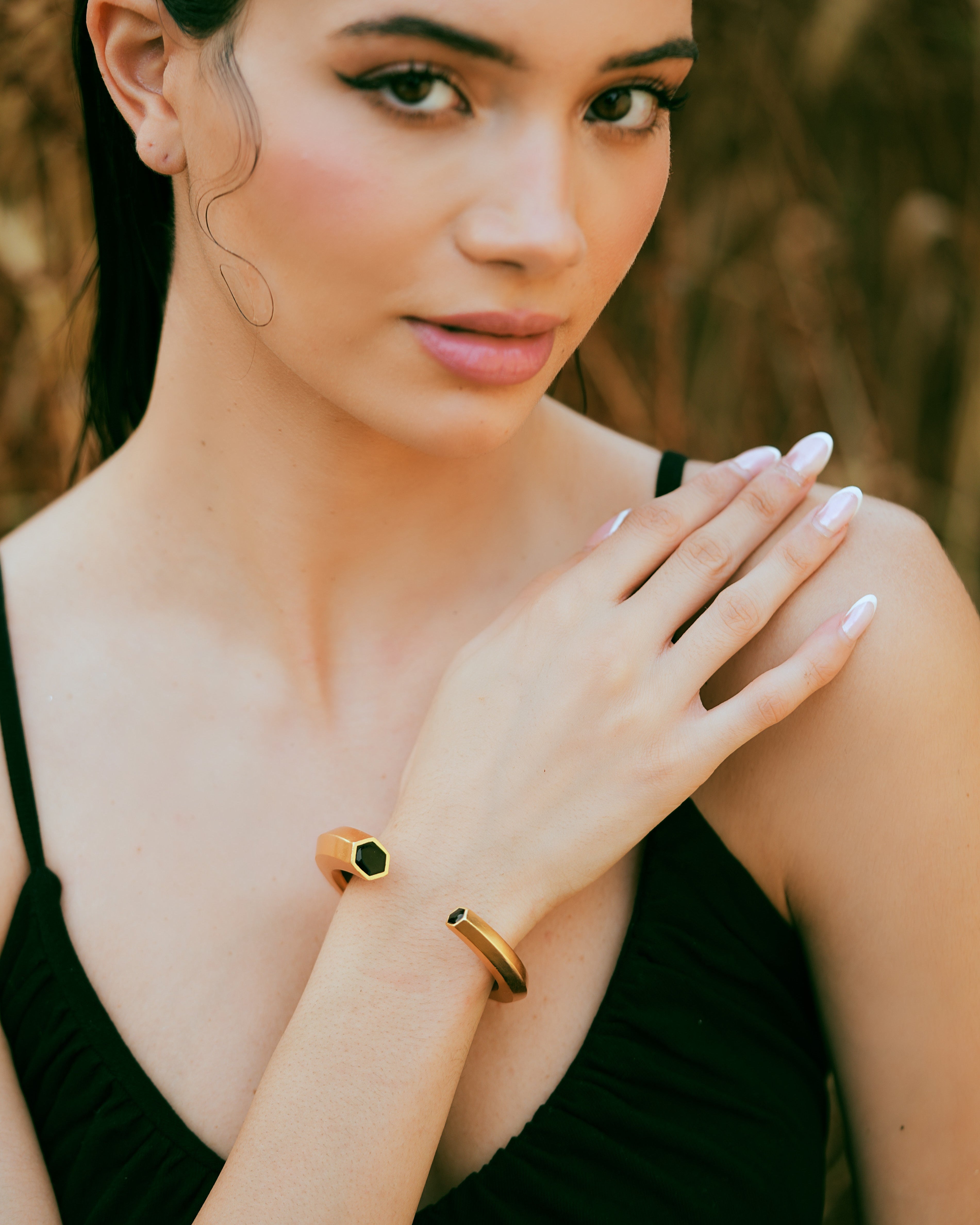 Hexa Black Enamel Gold Cuff