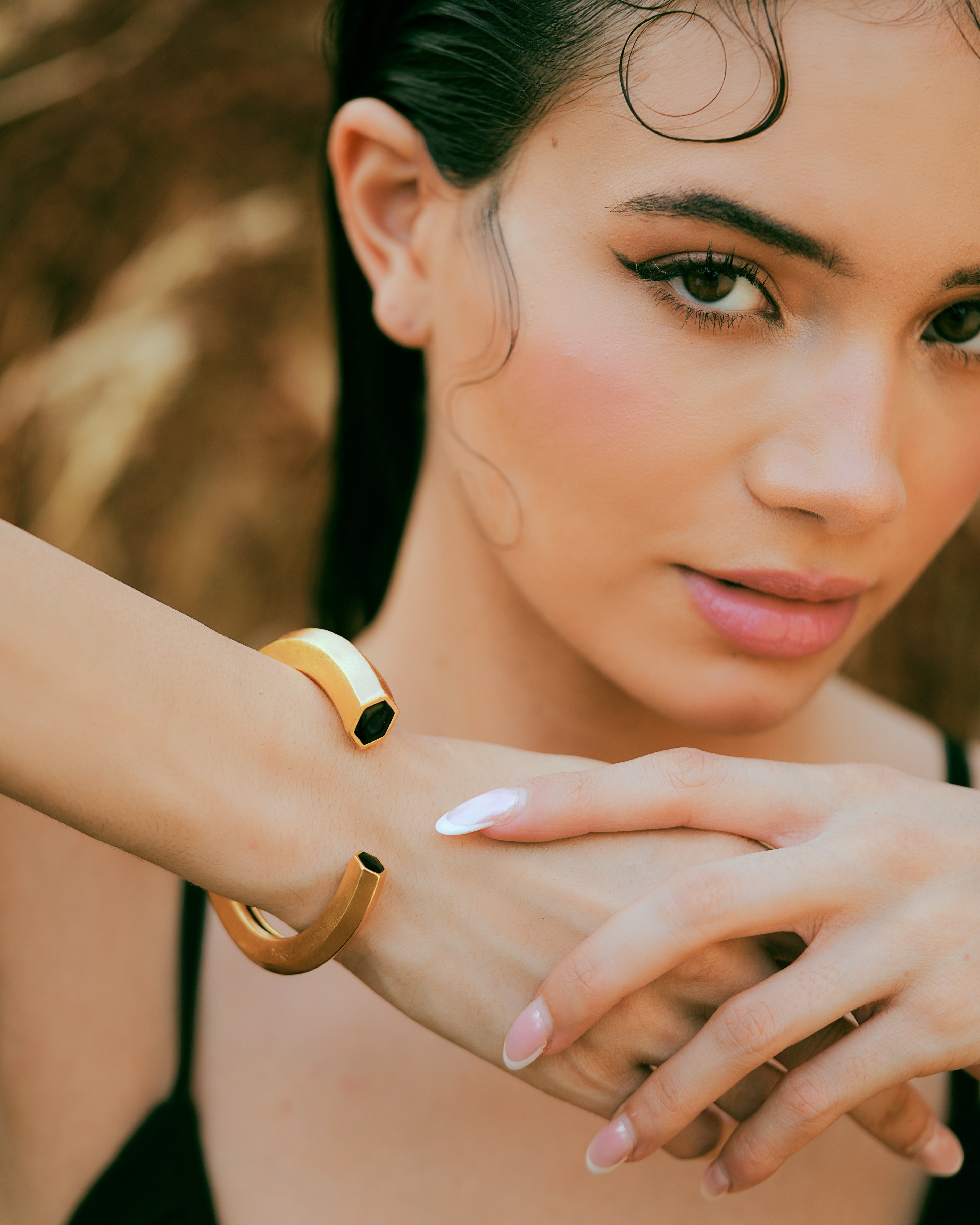 Hexa Black Enamel Gold Cuff Main image