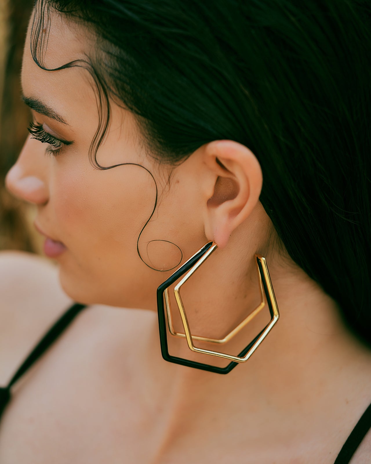XL Trio  Black Enamel Gold Hoops