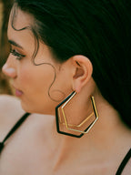 XL Trio black enamel gold hoops by Varnika Arora, showcasing bold, oversized earrings with black enamel and gold accents.