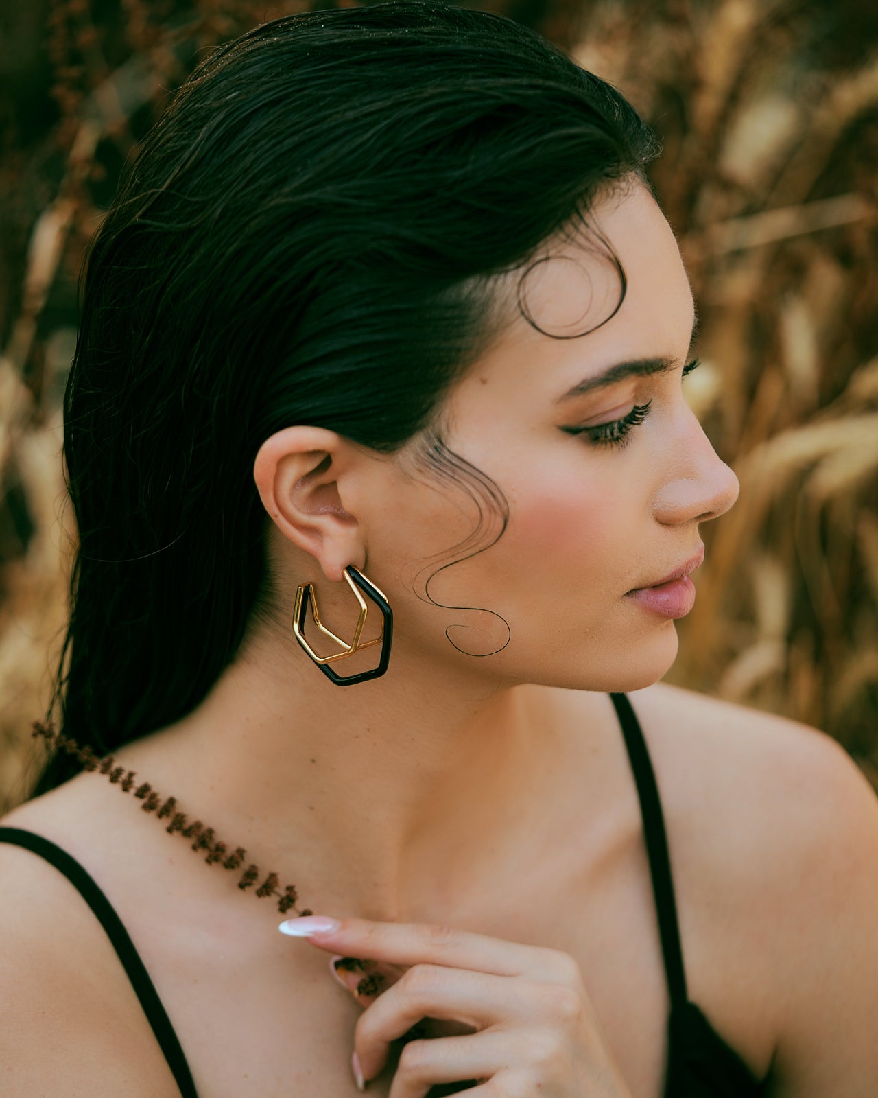 Small Trio Black Enamel Gold Hoops