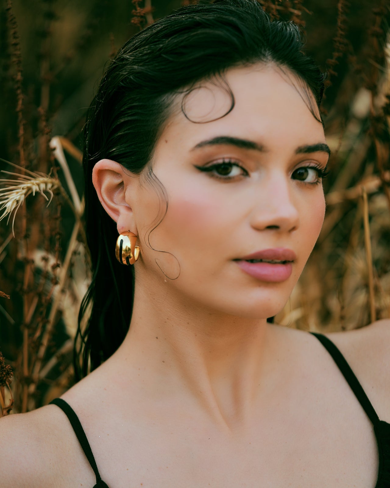 Luna Black Enamel Gold Hoops